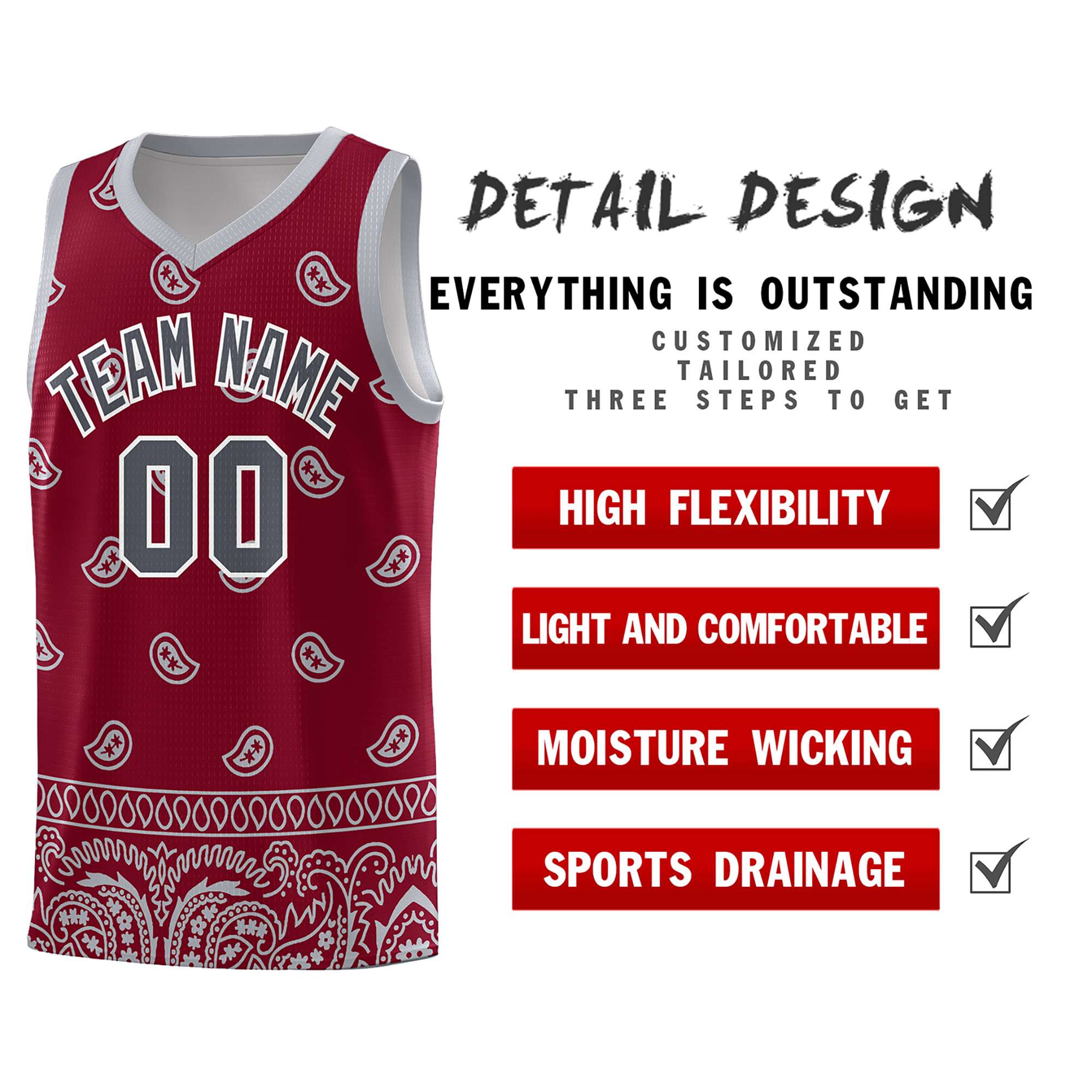 Custom Crimson Gray Personalized Cashew Pattern Sports Uniform Basketball Jersey