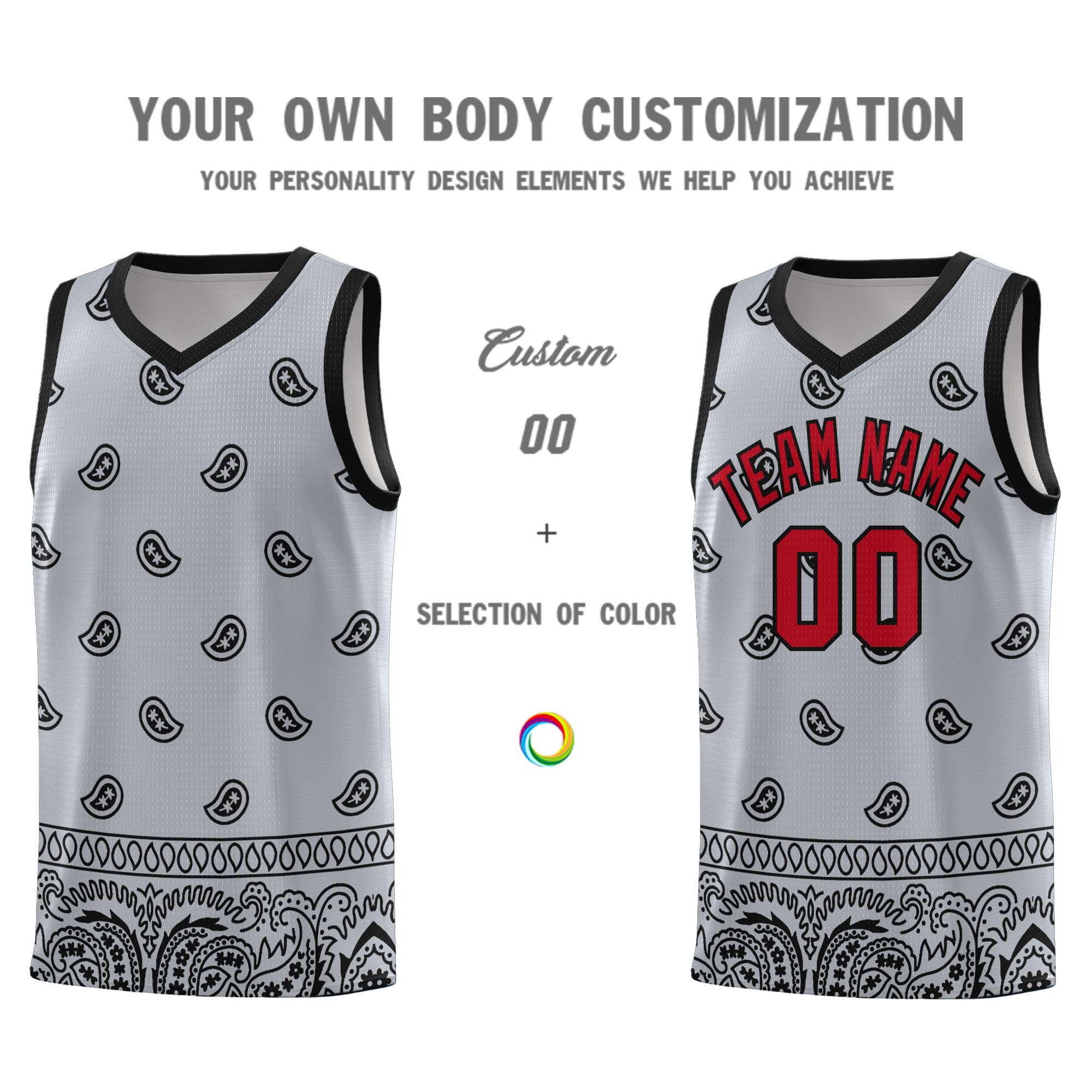 Custom Gray Black Personalized Cashew Pattern Sports Uniform Basketball Jersey