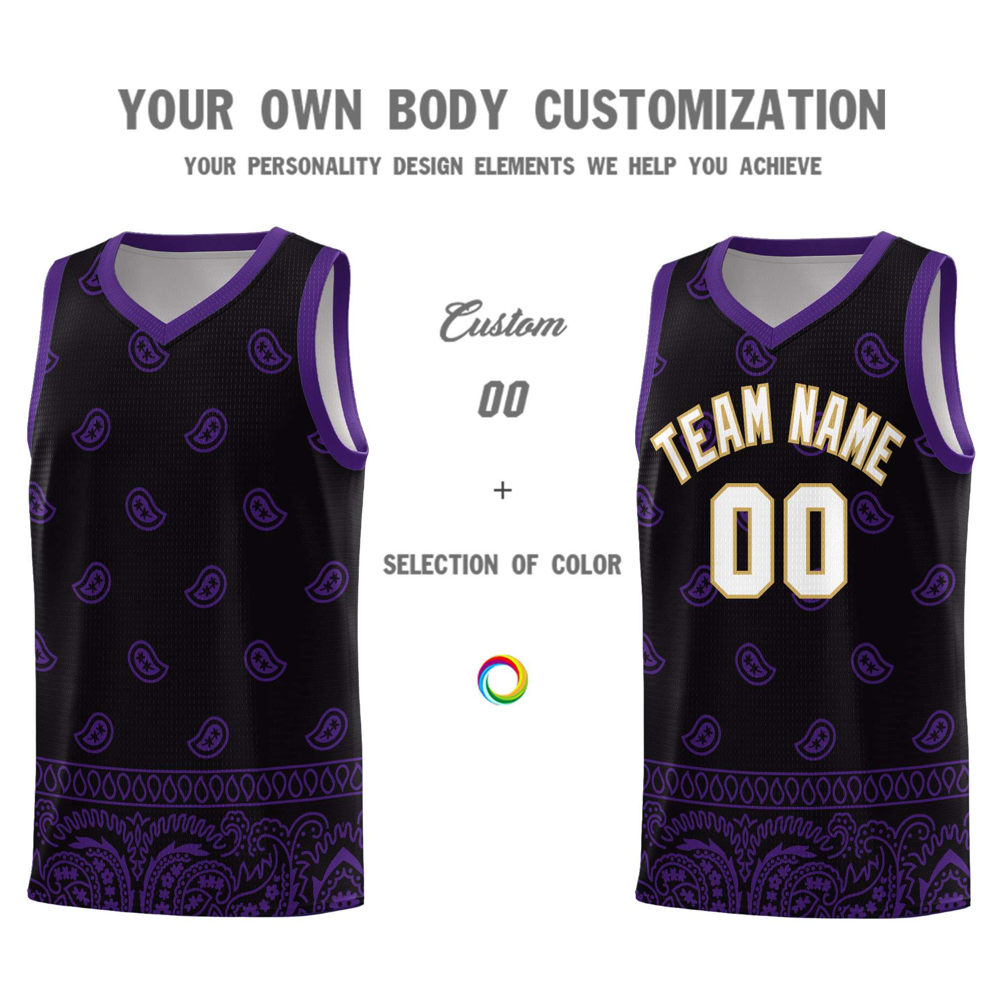 Custom Black Purple Personalized Cashew Pattern Sports Uniform Basketball Jersey