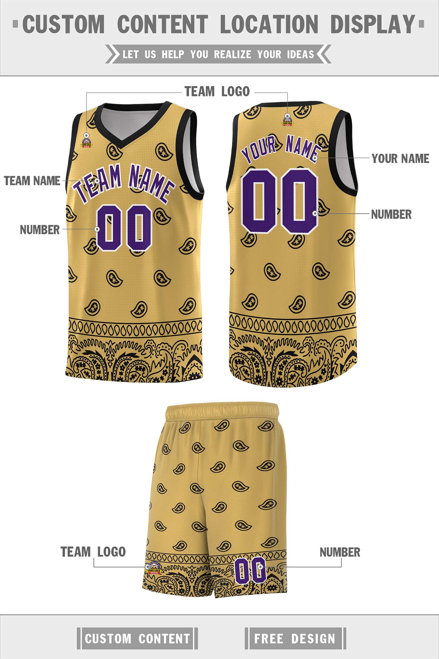 Custom Old Gold Black Personalized Cashew Pattern Sports Uniform Basketball Jersey