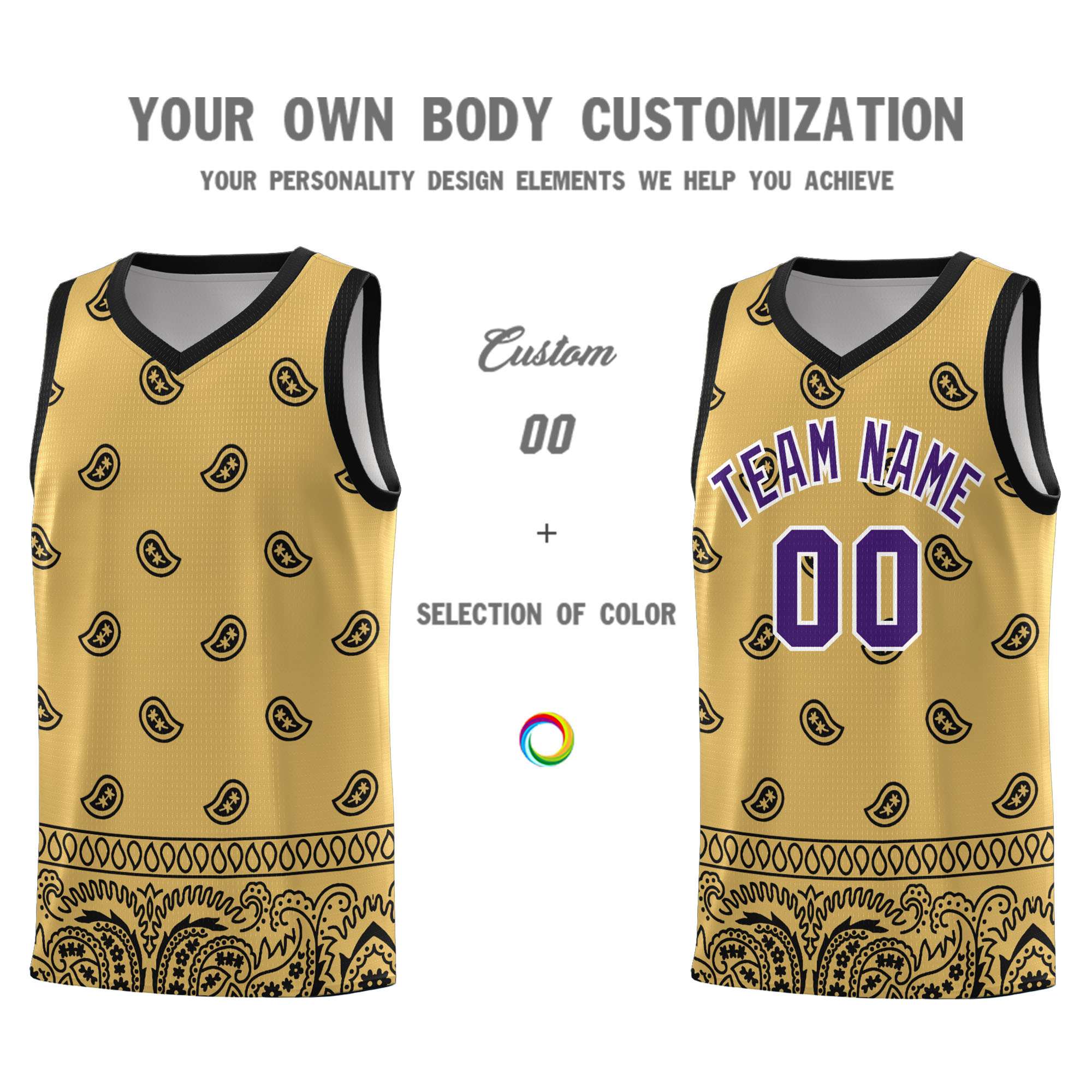 Custom Old Gold Black Personalized Cashew Pattern Sports Uniform Basketball Jersey