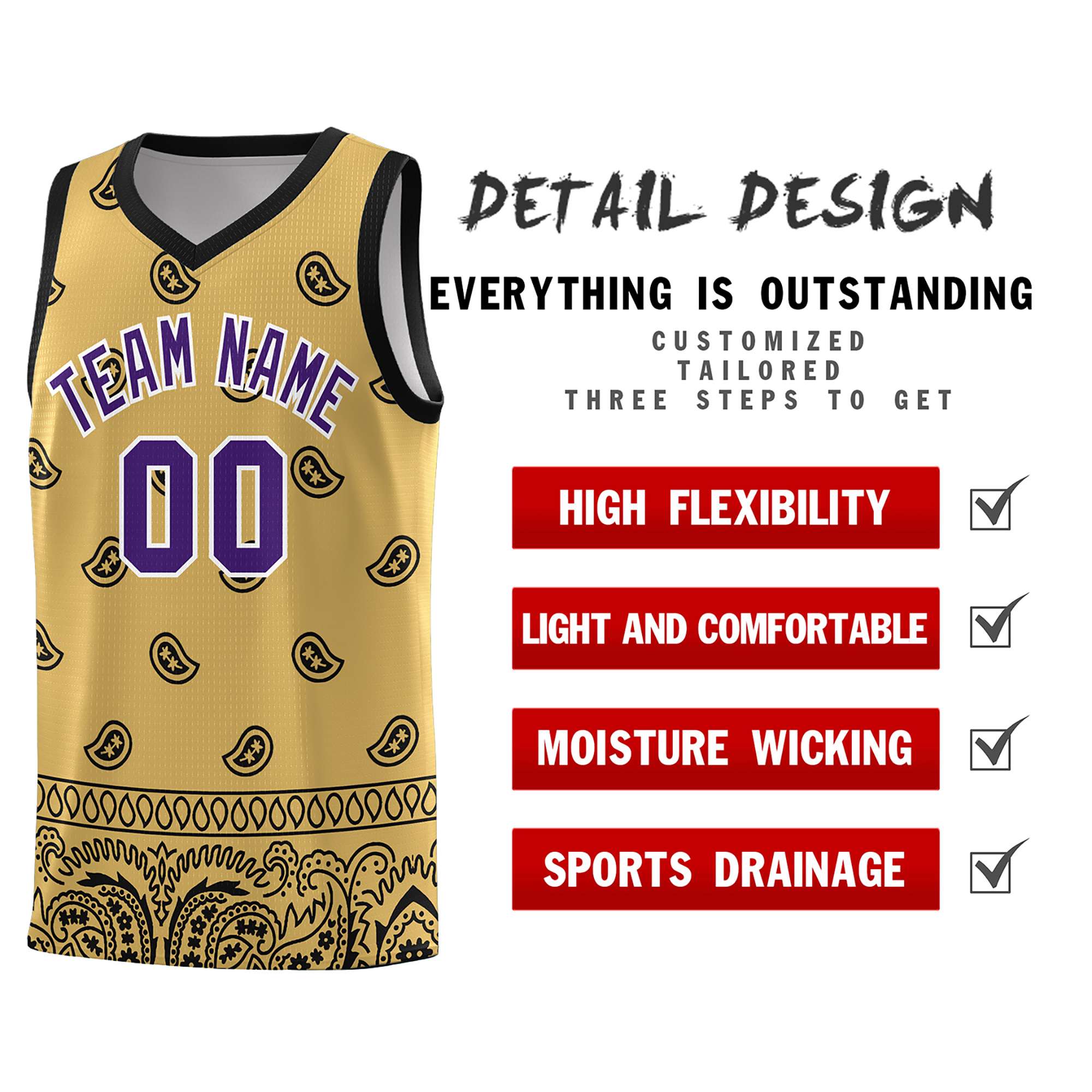 Custom Old Gold Black Personalized Cashew Pattern Sports Uniform Basketball Jersey