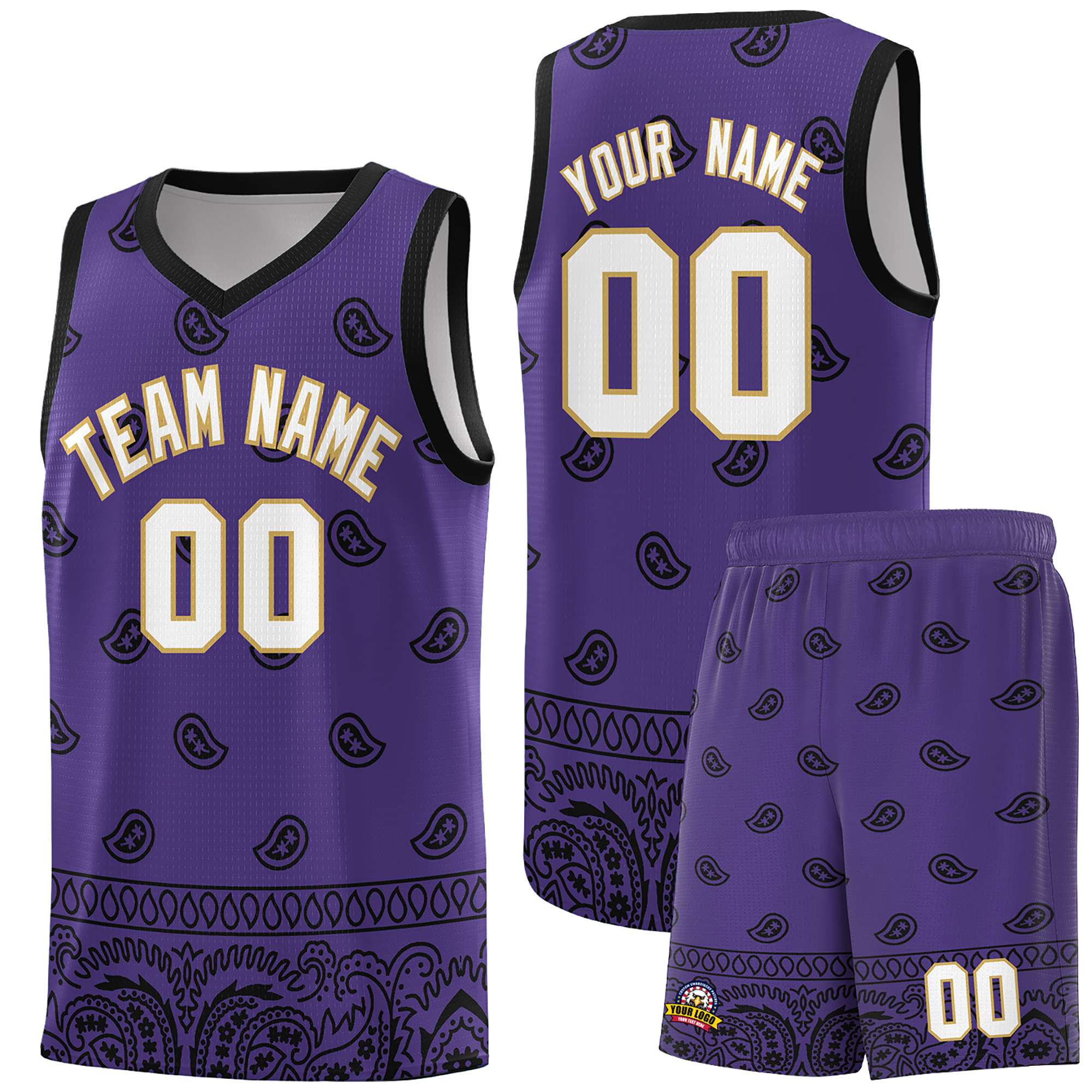 Custom Purple Black Personalized Cashew Pattern Sports Uniform Basketball Jersey