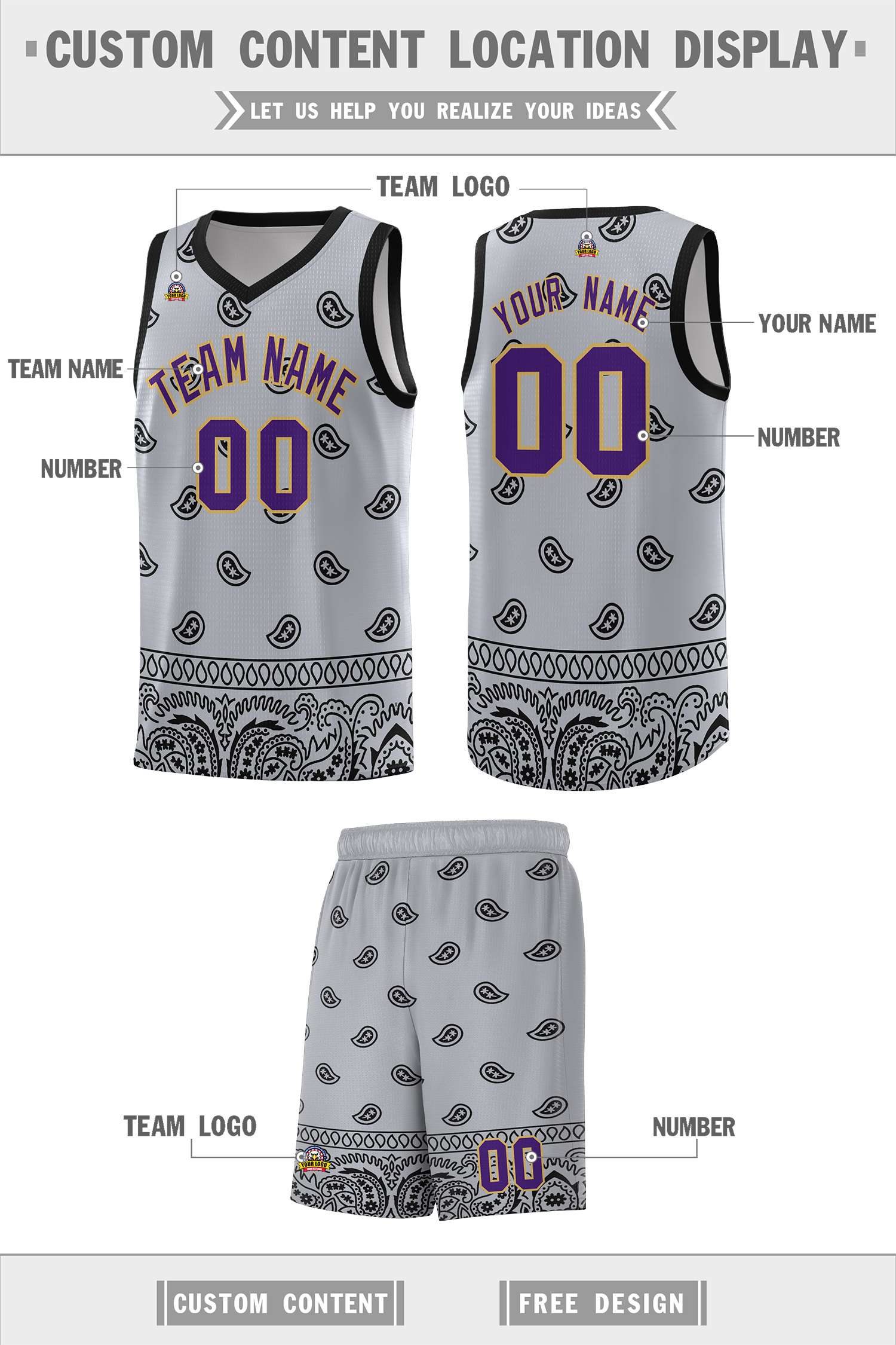 Custom Gray Black Personalized Cashew Pattern Sports Uniform Basketball Jersey