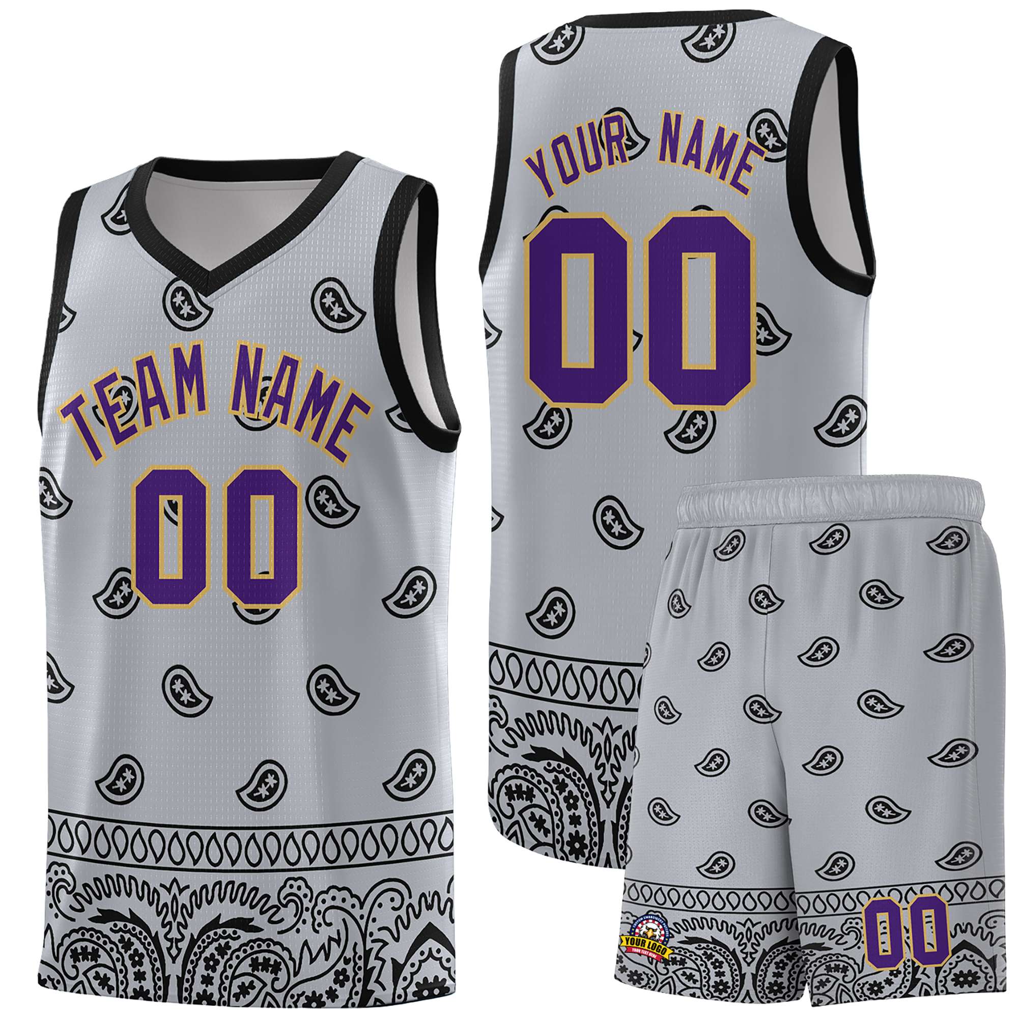 Custom Gray Black Personalized Cashew Pattern Sports Uniform Basketball Jersey