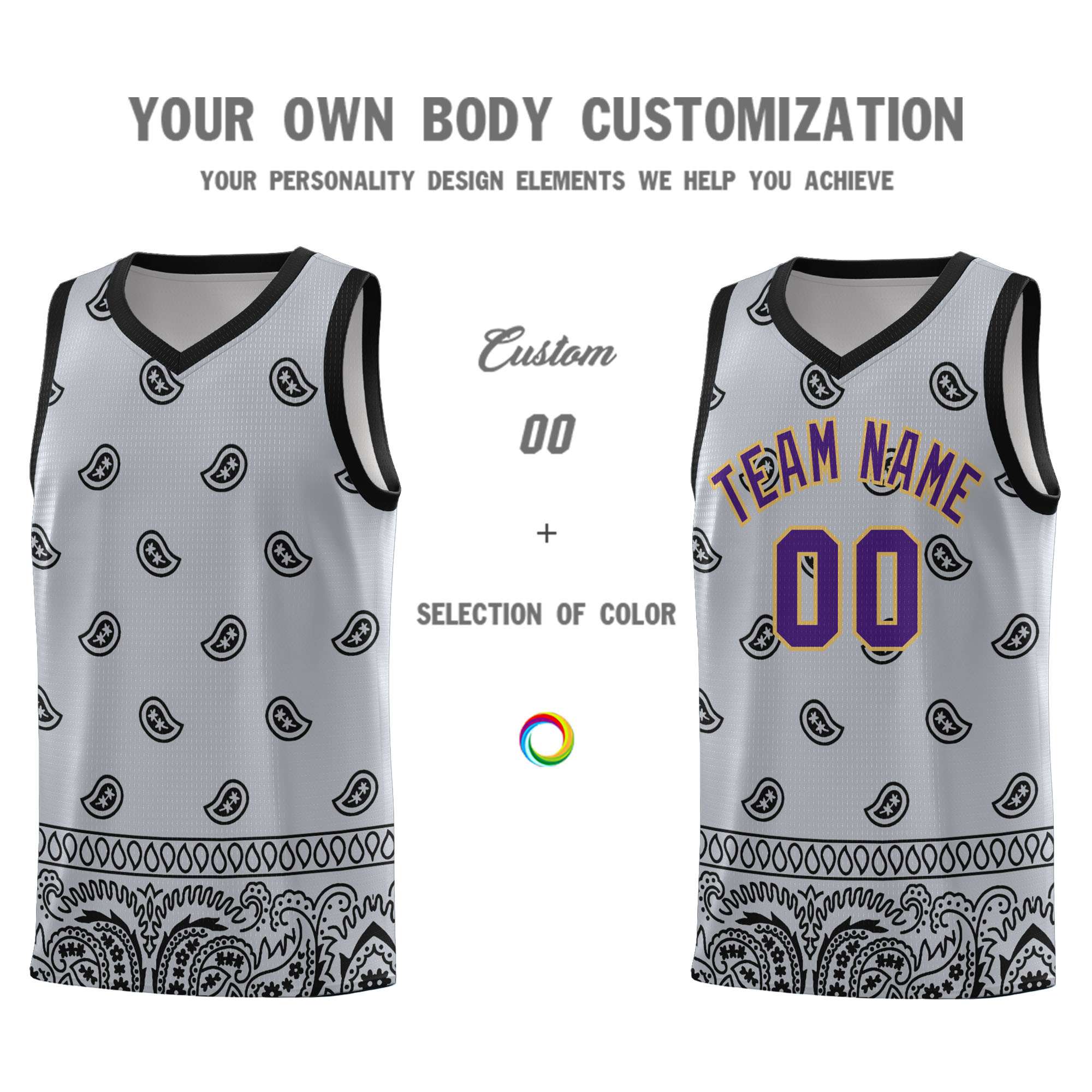 Custom Gray Black Personalized Cashew Pattern Sports Uniform Basketball Jersey