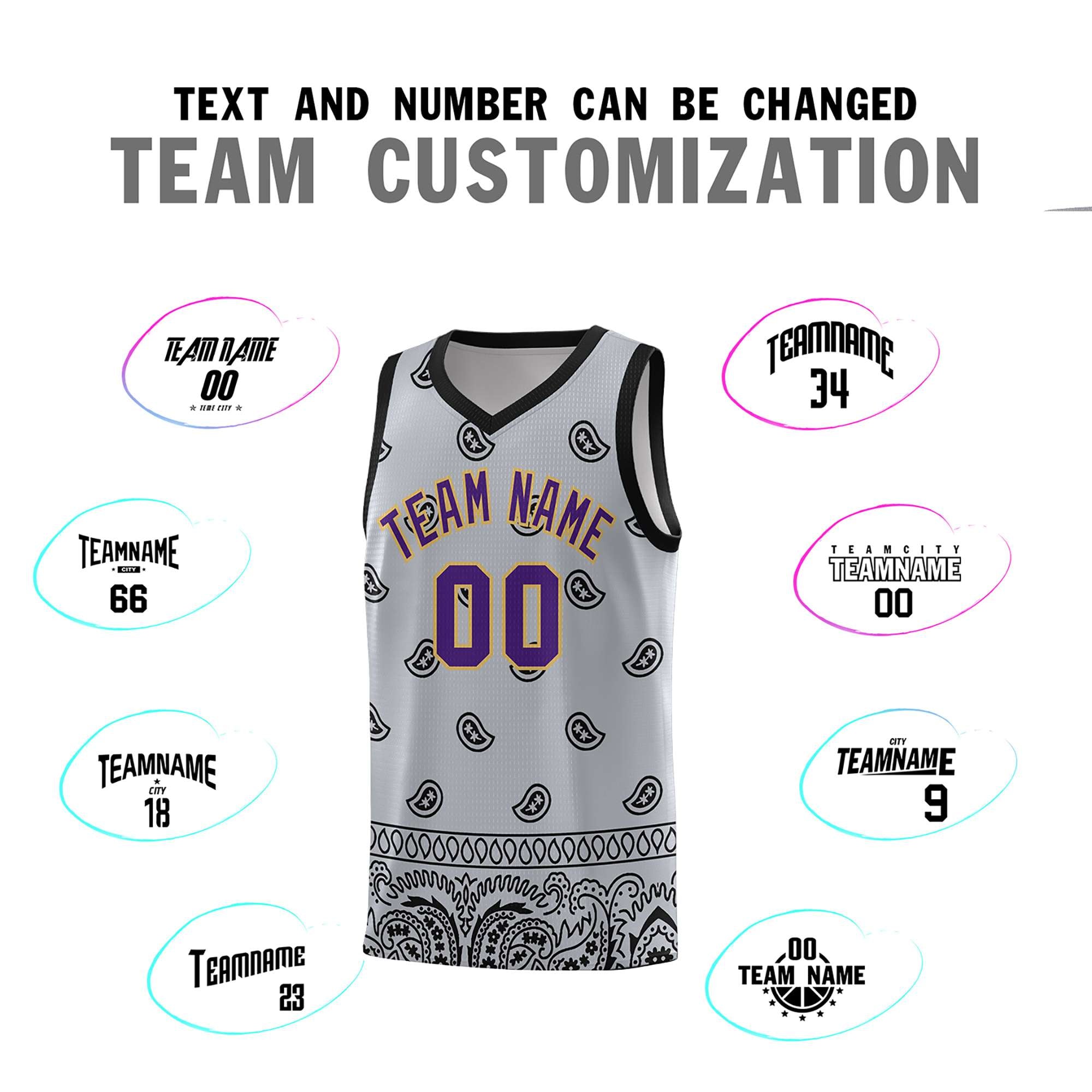 Custom Gray Black Personalized Cashew Pattern Sports Uniform Basketball Jersey