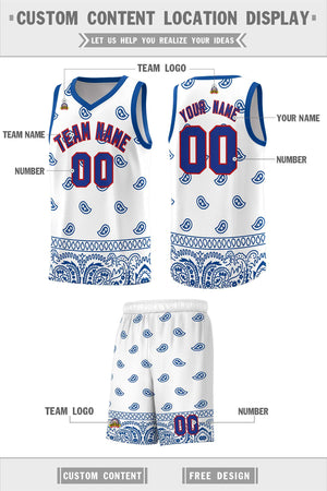 Custom White Royal Personalized Cashew Pattern Sports Uniform Basketball Jersey