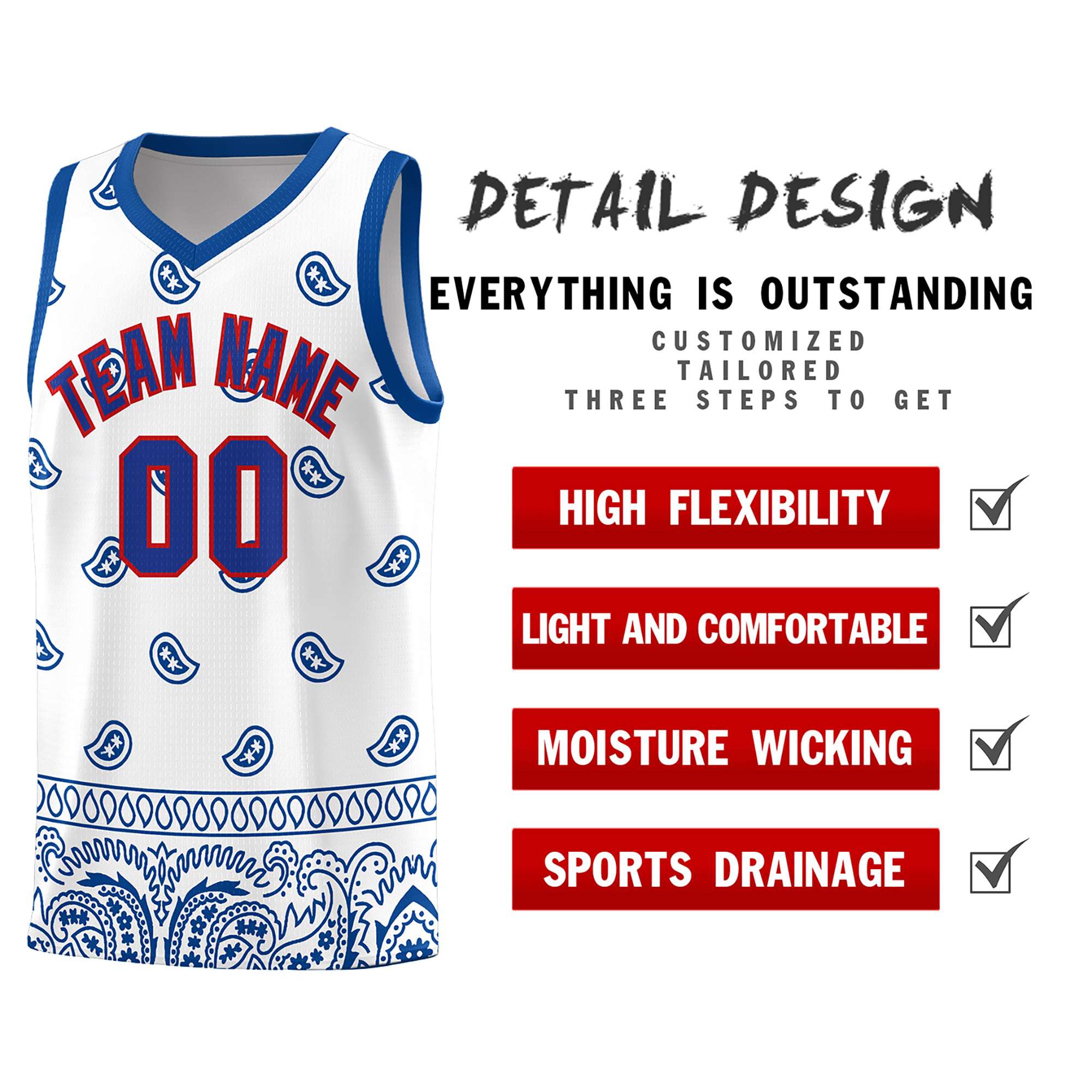 Custom White Royal Personalized Cashew Pattern Sports Uniform Basketball Jersey