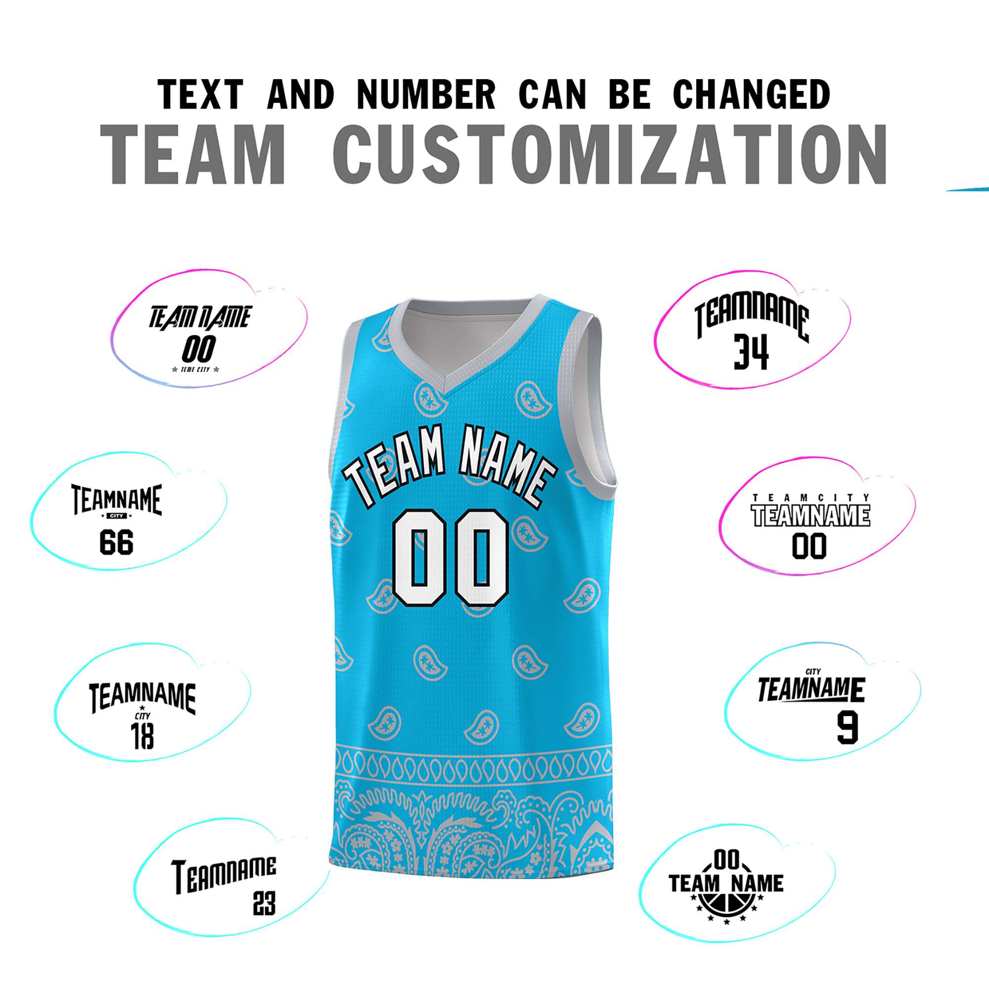 Custom Sky Blue Gray Personalized Cashew Pattern Sports Uniform Basketball Jersey