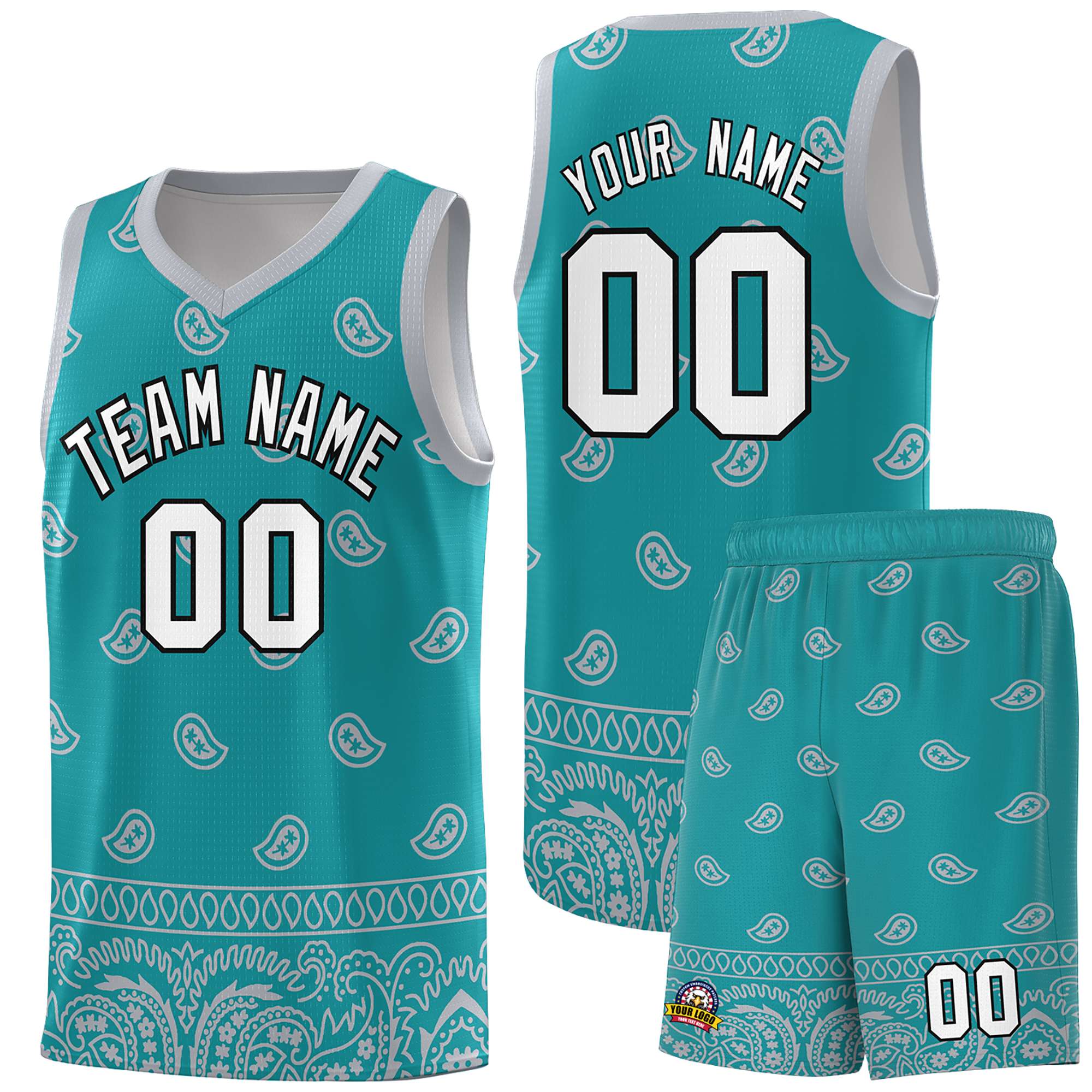 Custom Aqua Gray Personalized Cashew Pattern Sports Uniform Basketball Jersey