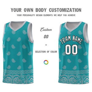 Custom Aqua Gray Personalized Cashew Pattern Sports Uniform Basketball Jersey