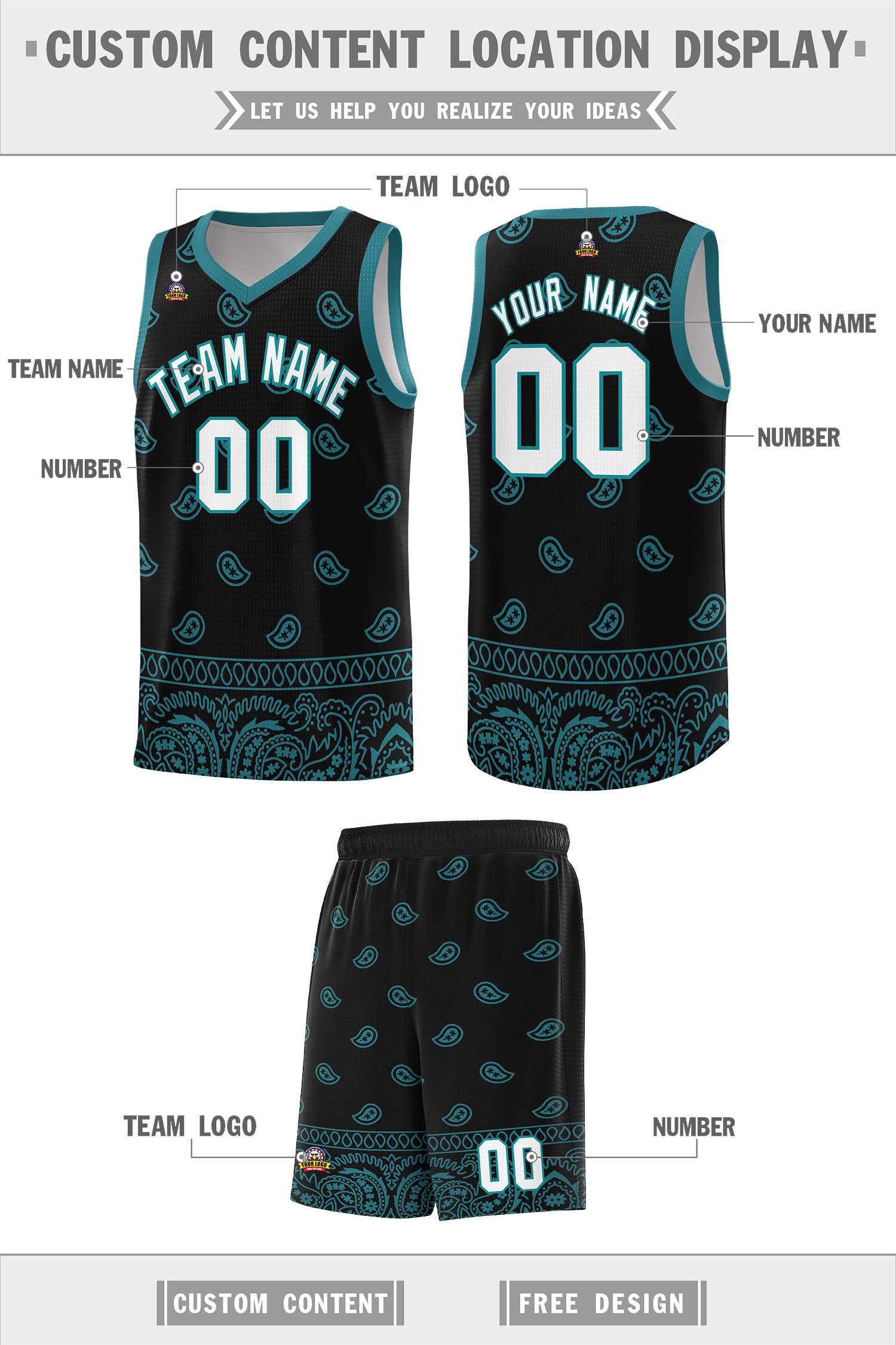 Custom Black Aqua Personalized Cashew Pattern Sports Uniform Basketball Jersey