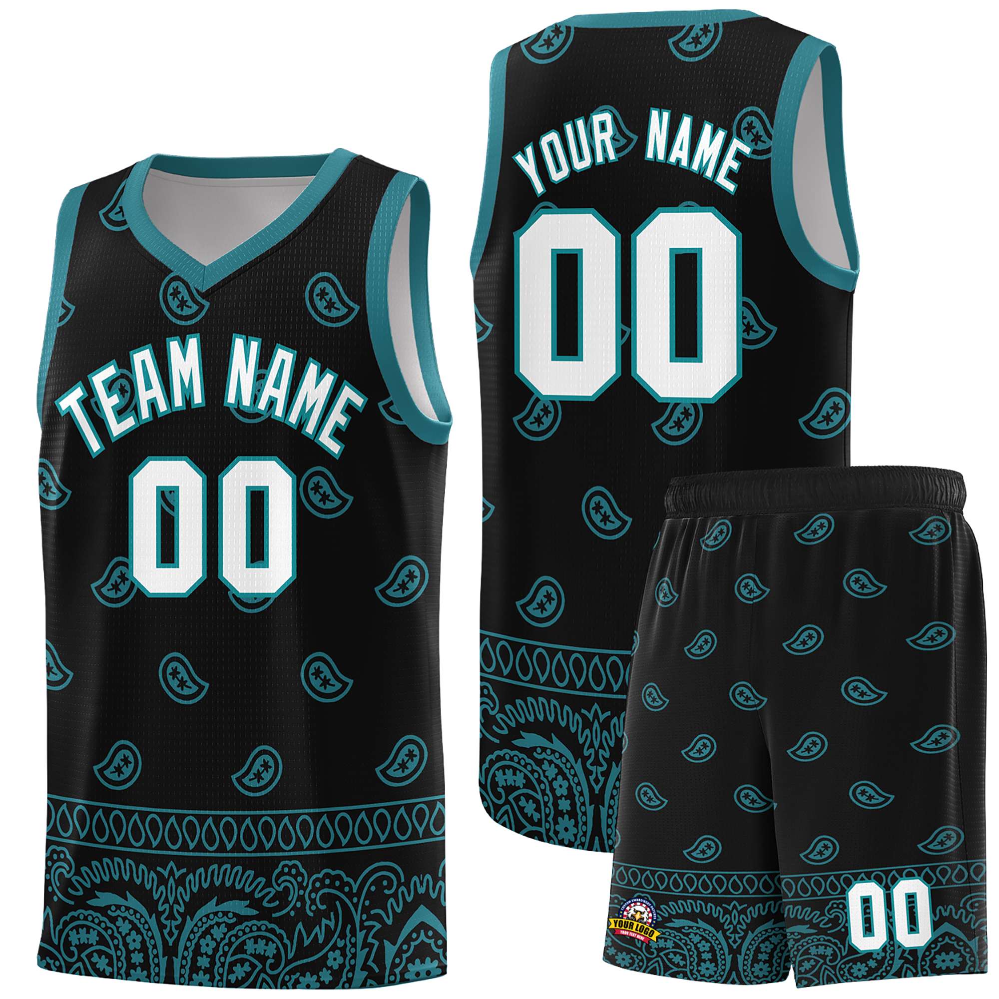 Custom Black Aqua Personalized Cashew Pattern Sports Uniform Basketball Jersey