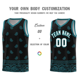 Custom Black Aqua Personalized Cashew Pattern Sports Uniform Basketball Jersey