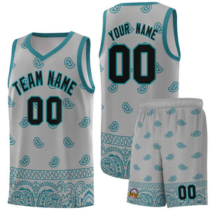 Custom Gray Aqua Personalized Cashew Pattern Sports Uniform Basketball Jersey