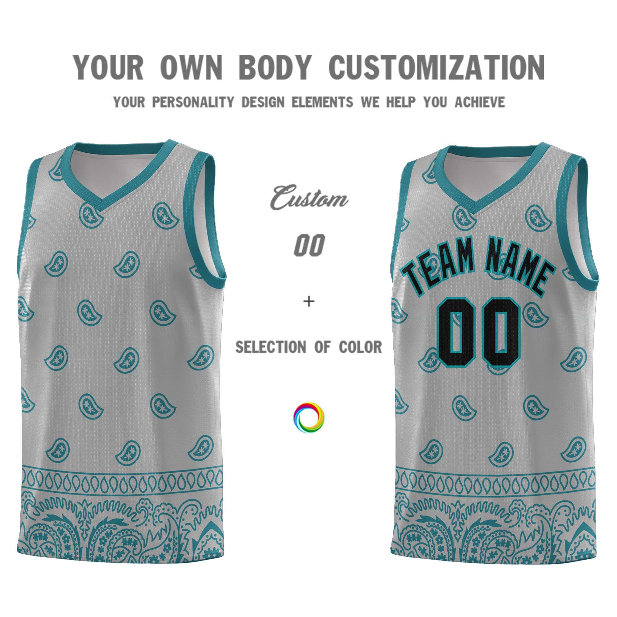 Custom Gray Aqua Personalized Cashew Pattern Sports Uniform Basketball Jersey