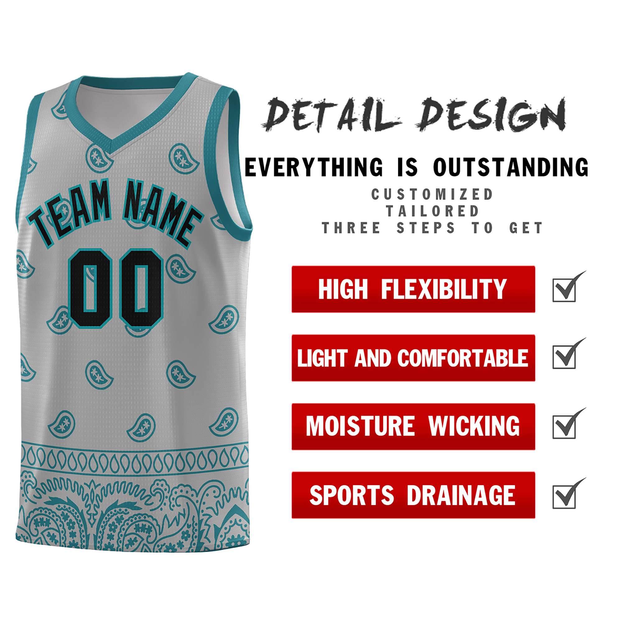 Custom Gray Aqua Personalized Cashew Pattern Sports Uniform Basketball Jersey