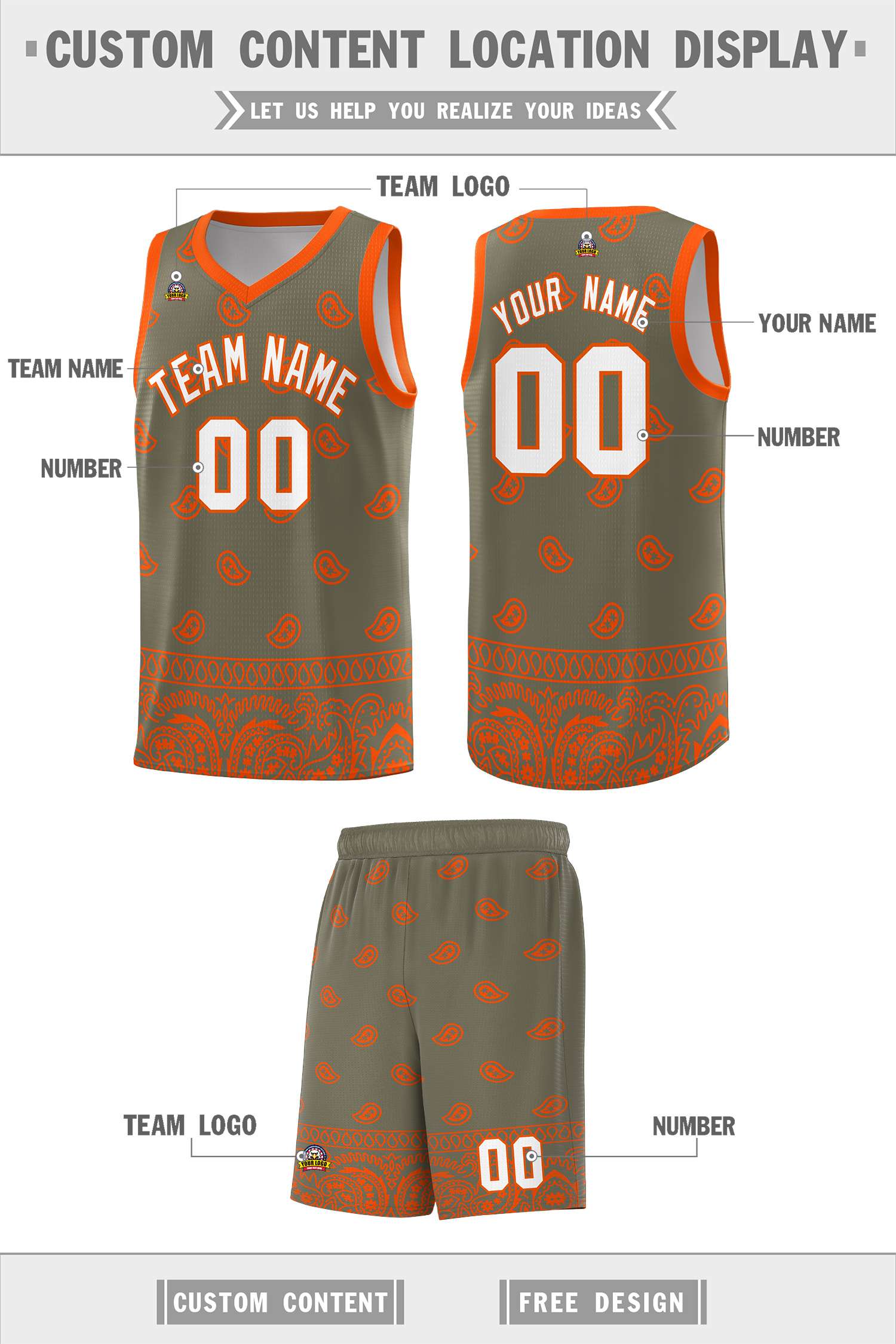 Custom Olive Orange Personalized Cashew Pattern Sports Uniform Basketball Jersey