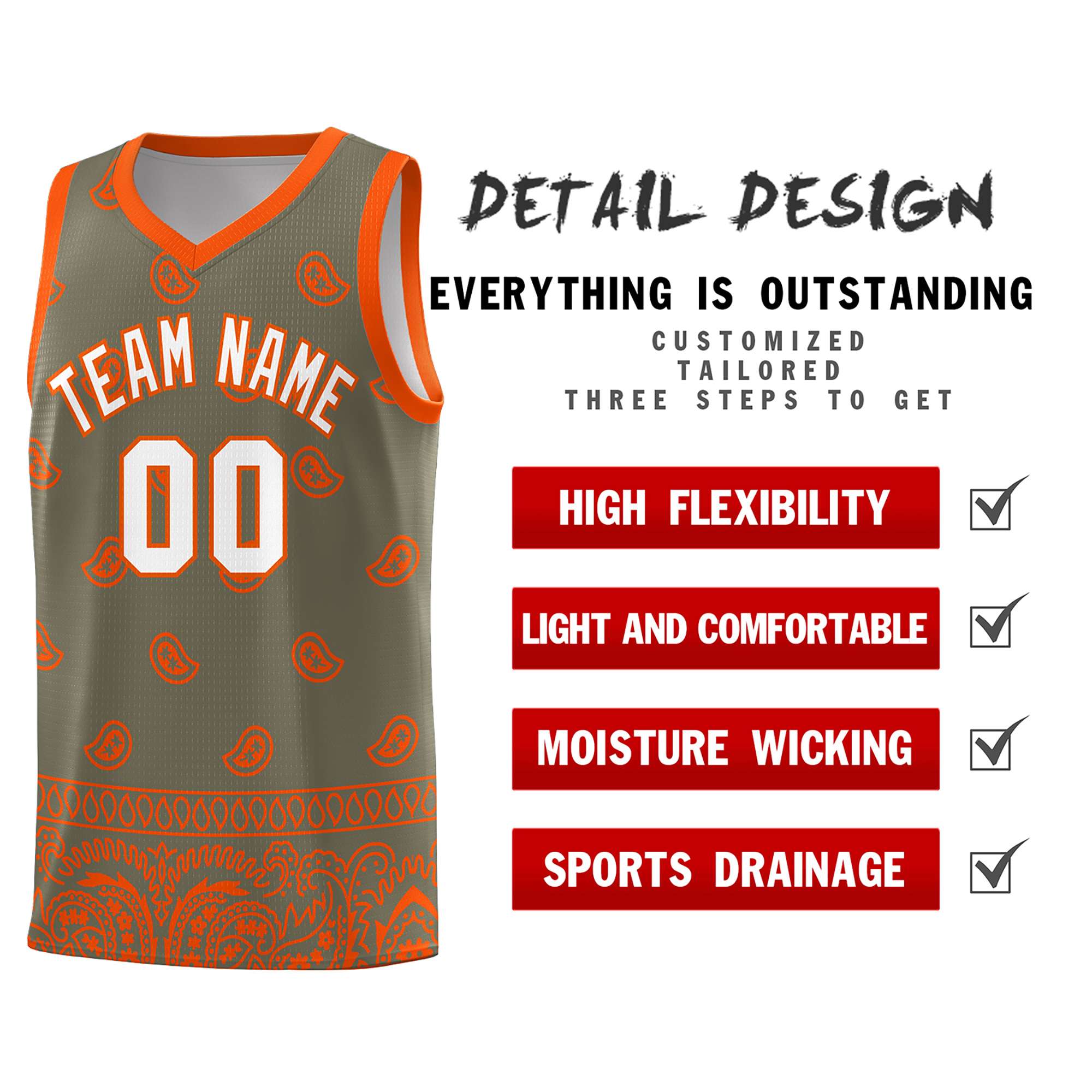 Custom Olive Orange Personalized Cashew Pattern Sports Uniform Basketball Jersey