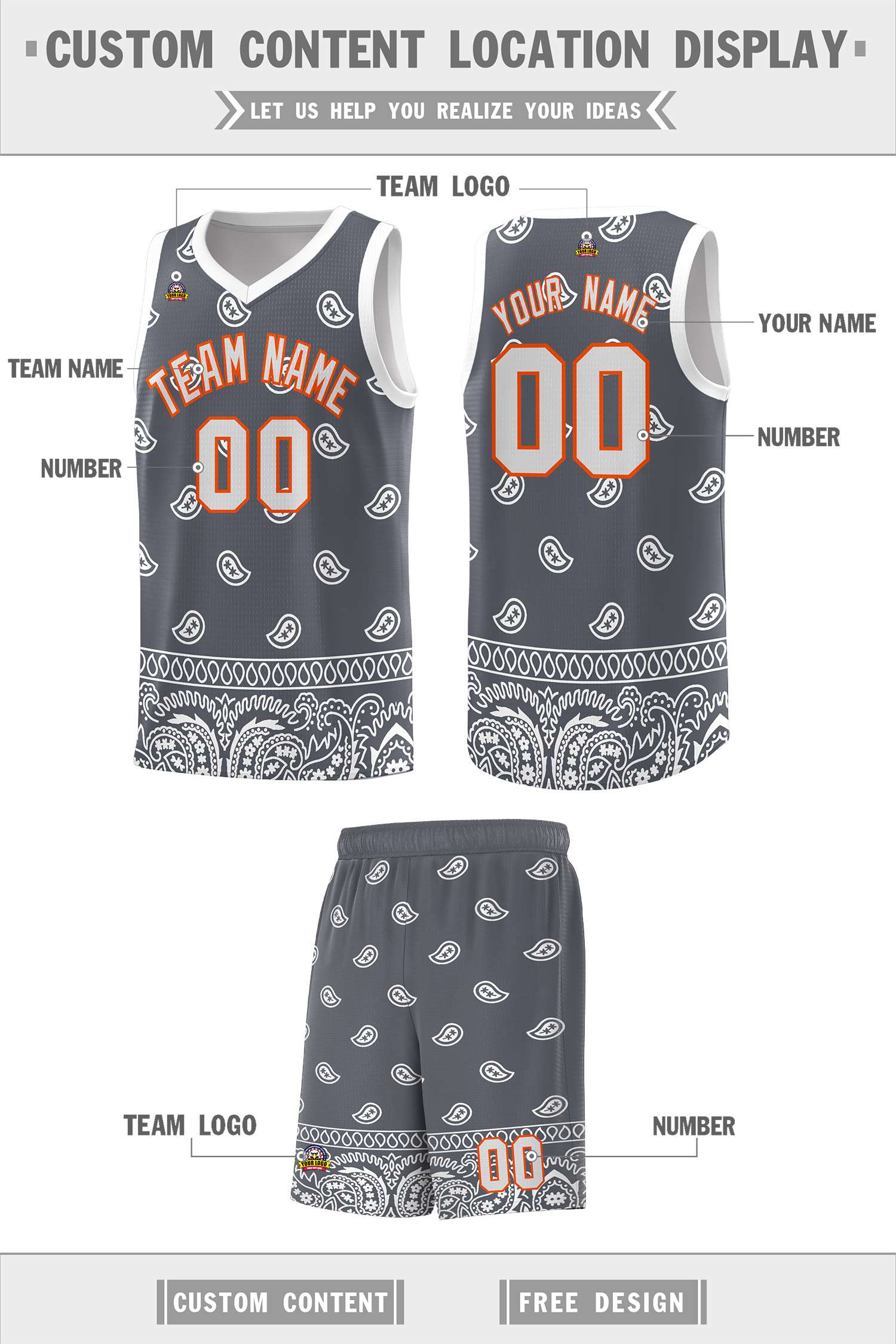 Custom Dark Gray White Personalized Cashew Pattern Sports Uniform Basketball Jersey