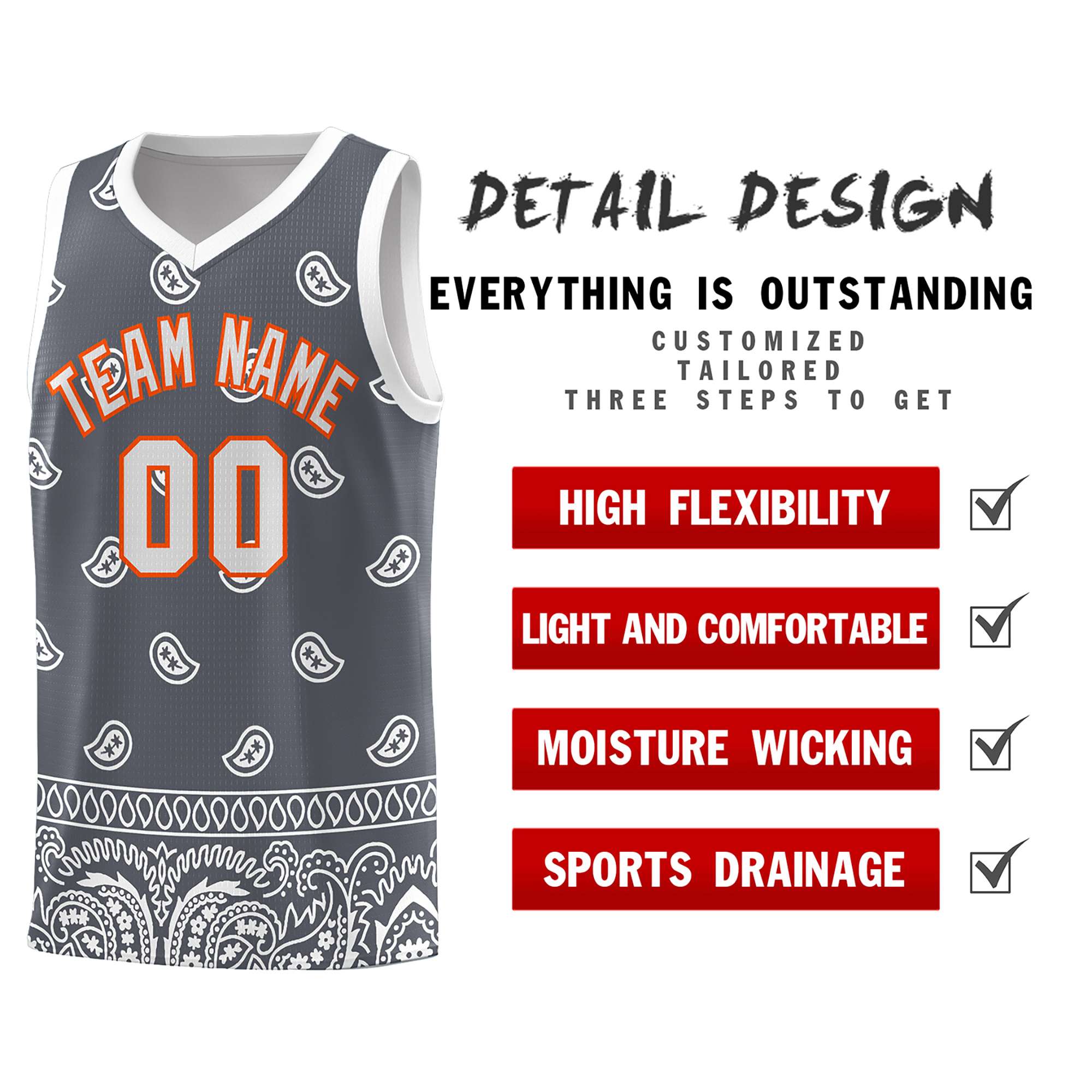 Custom Dark Gray White Personalized Cashew Pattern Sports Uniform Basketball Jersey