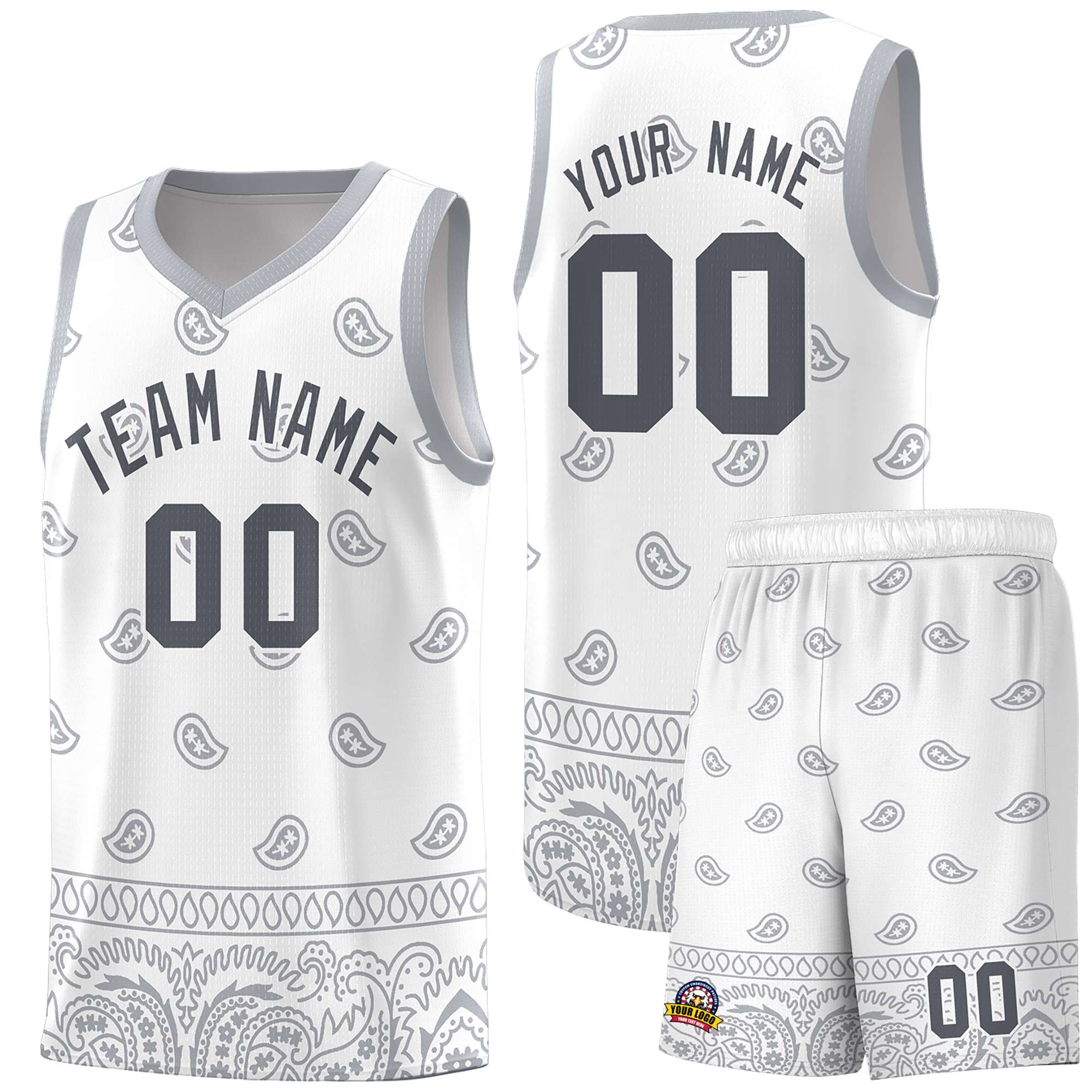 Custom White Gray Personalized Cashew Pattern Sports Uniform Basketball Jersey