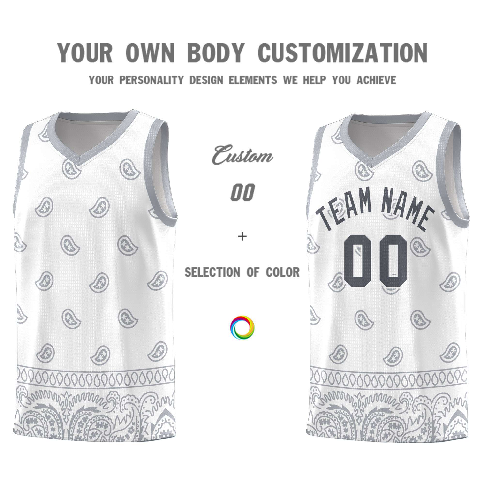 Custom White Gray Personalized Cashew Pattern Sports Uniform Basketball Jersey