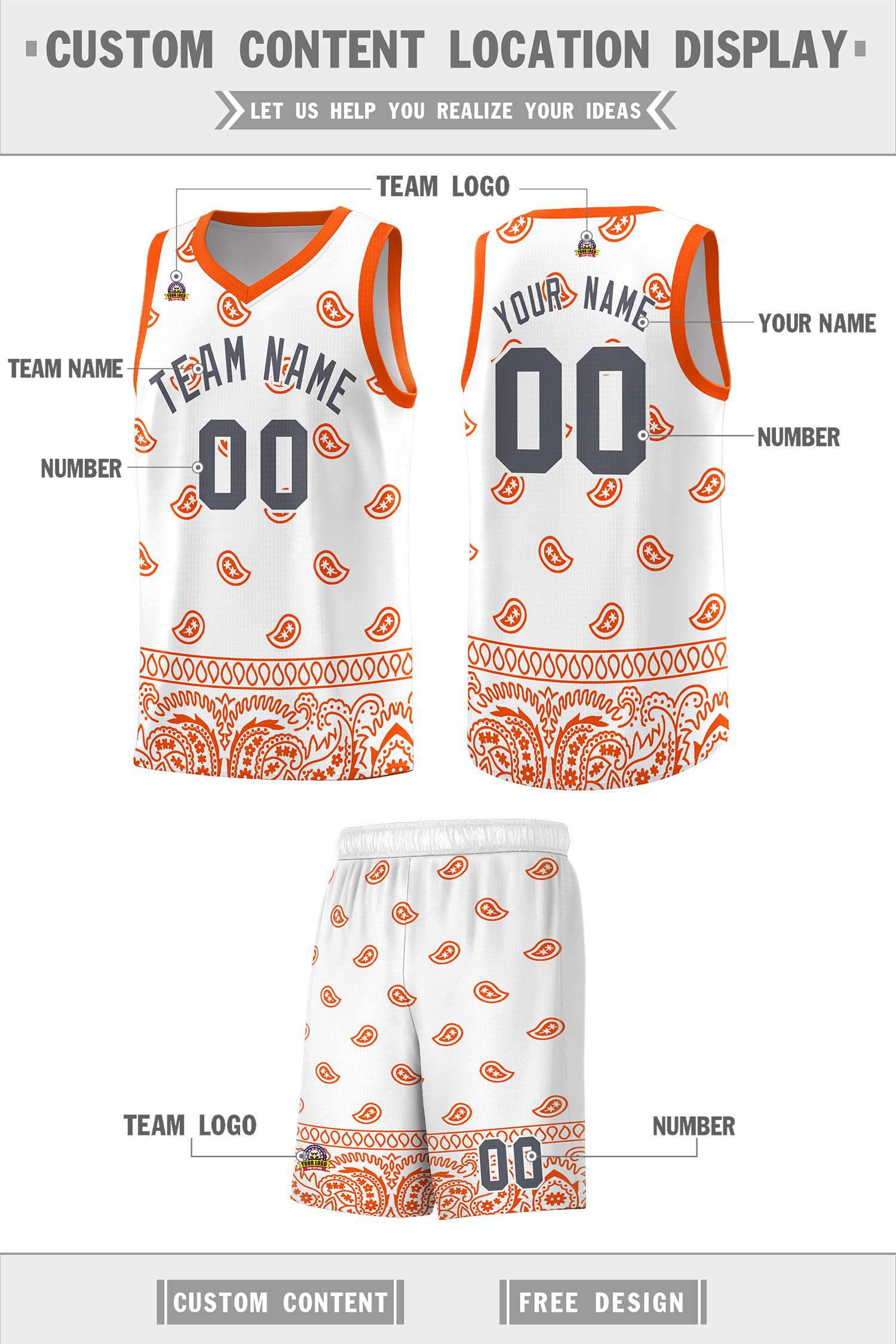 Custom White Orange Personalized Cashew Pattern Sports Uniform Basketball Jersey