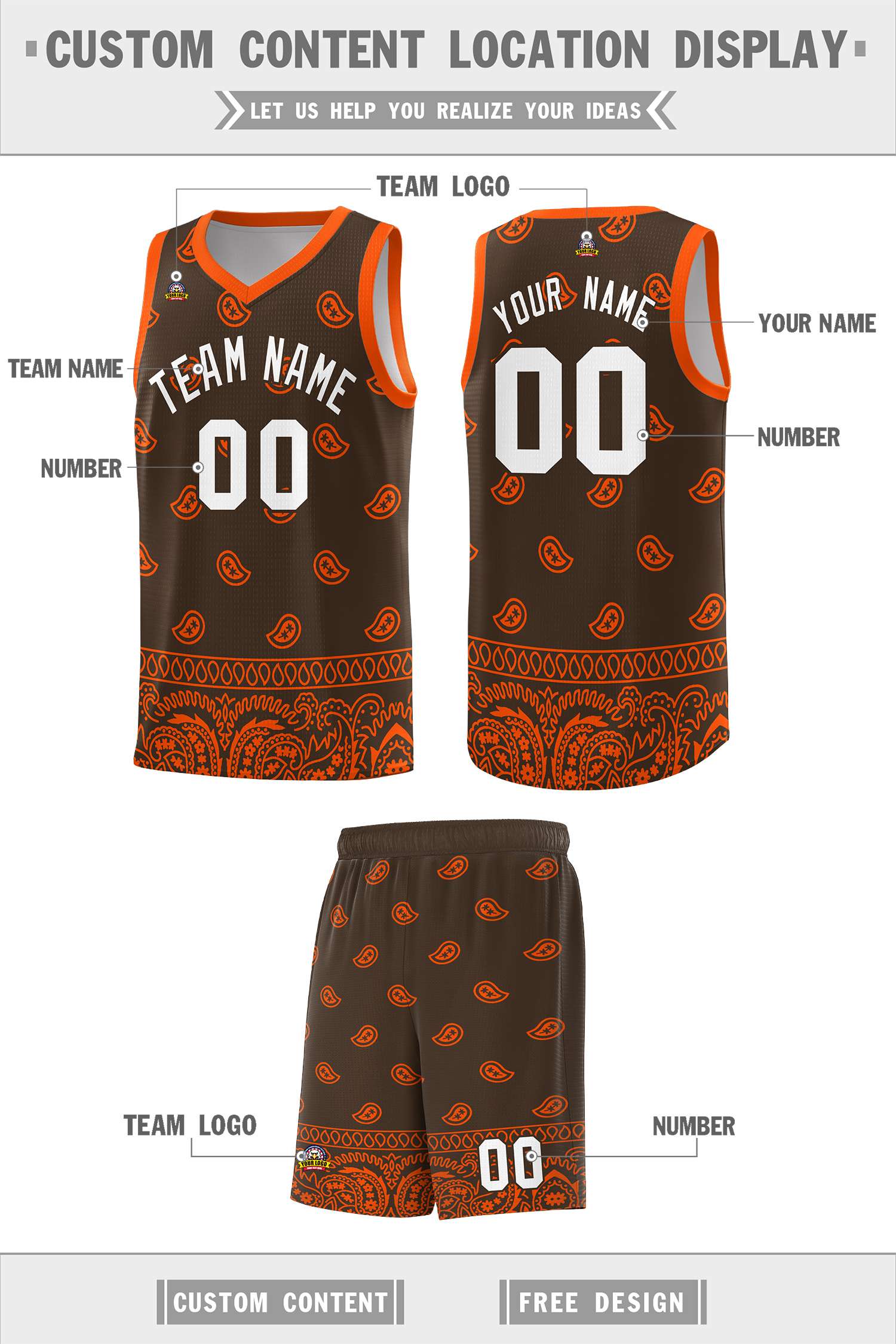 Custom Brown Orange Personalized Cashew Pattern Sports Uniform Basketball Jersey