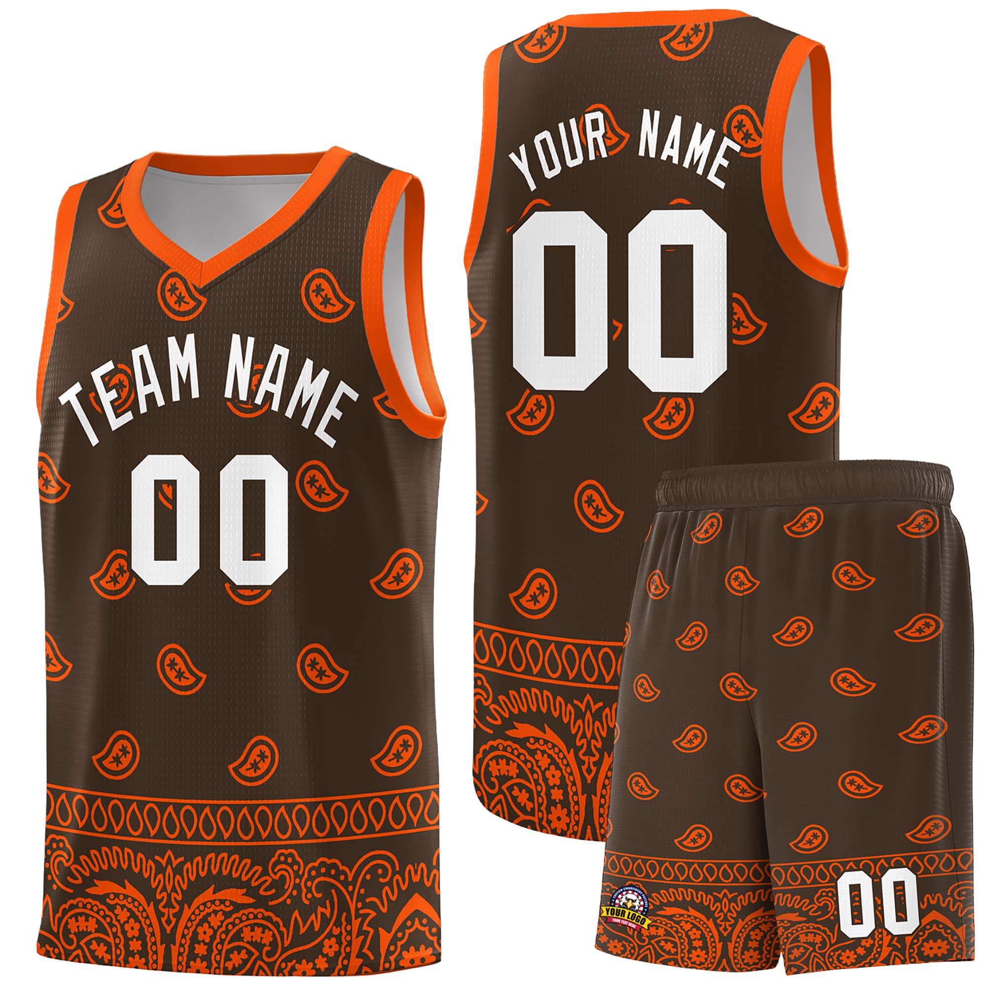 Custom Brown Orange Personalized Cashew Pattern Sports Uniform Basketball Jersey