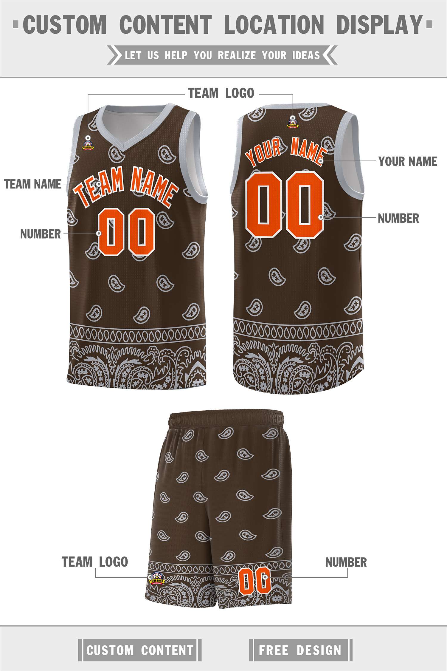 Custom Brown Gray Personalized Cashew Pattern Sports Uniform Basketball Jersey