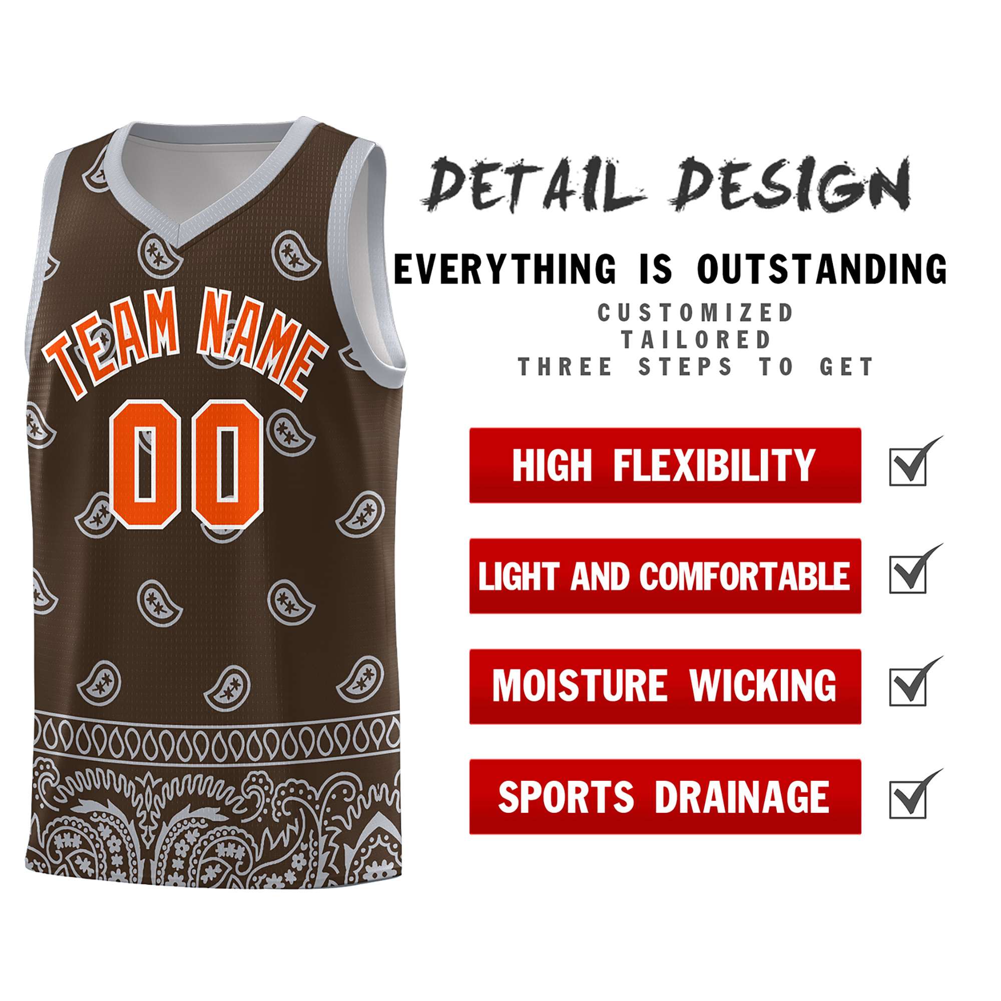 Custom Brown Gray Personalized Cashew Pattern Sports Uniform Basketball Jersey