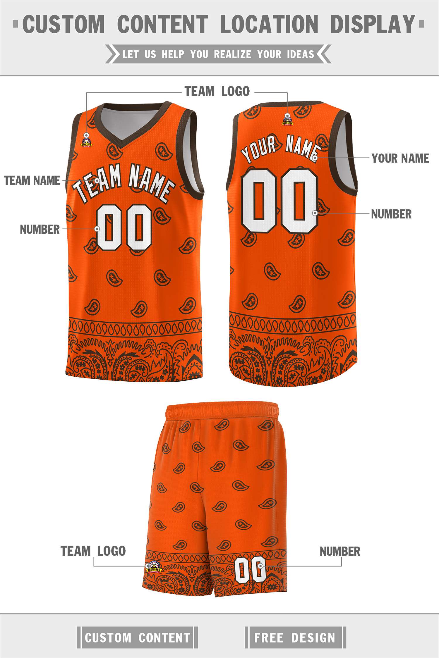 Custom Orange Brown Personalized Cashew Pattern Sports Uniform Basketball Jersey