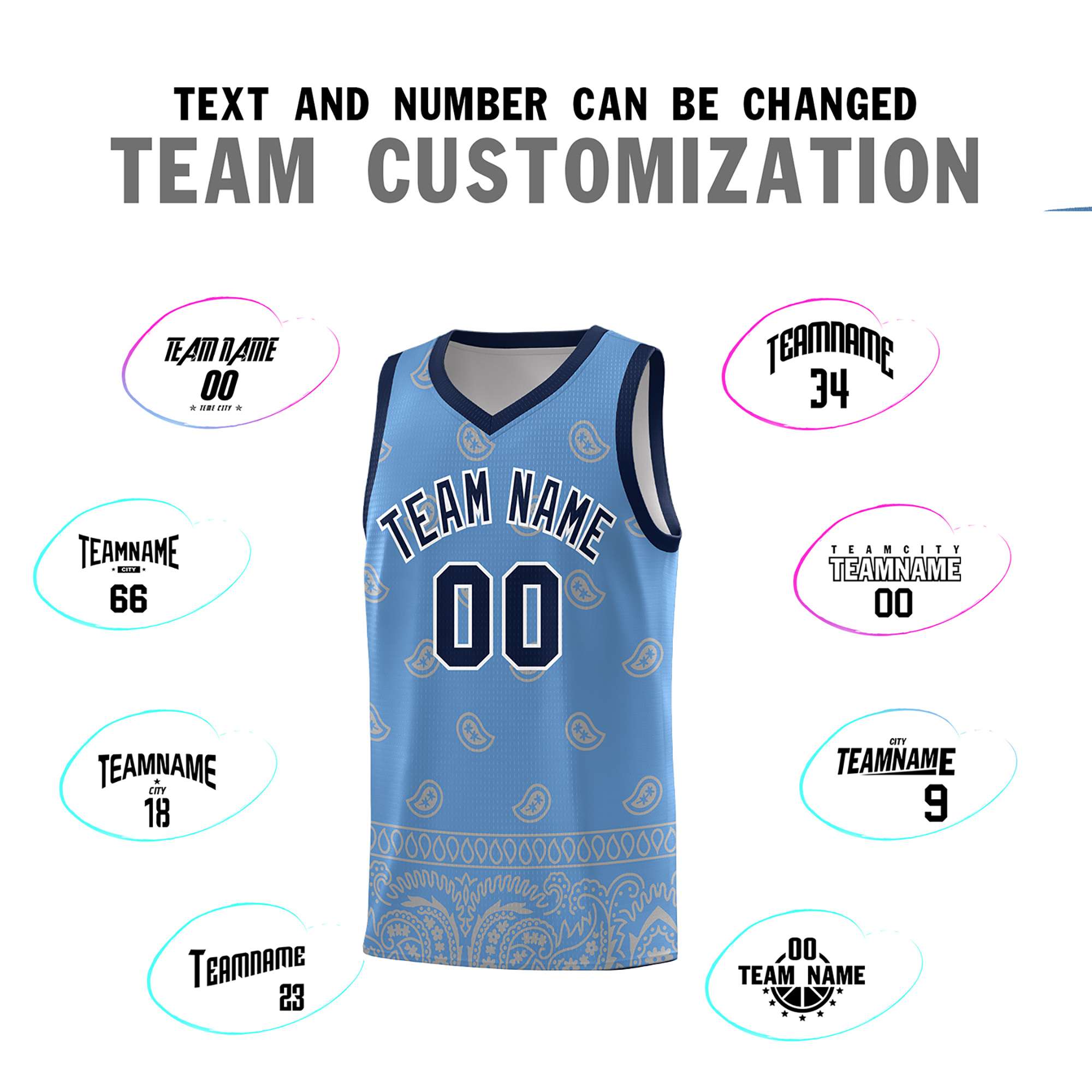 Custom Light Blue Gray Personalized Cashew Pattern Sports Uniform Basketball Jersey