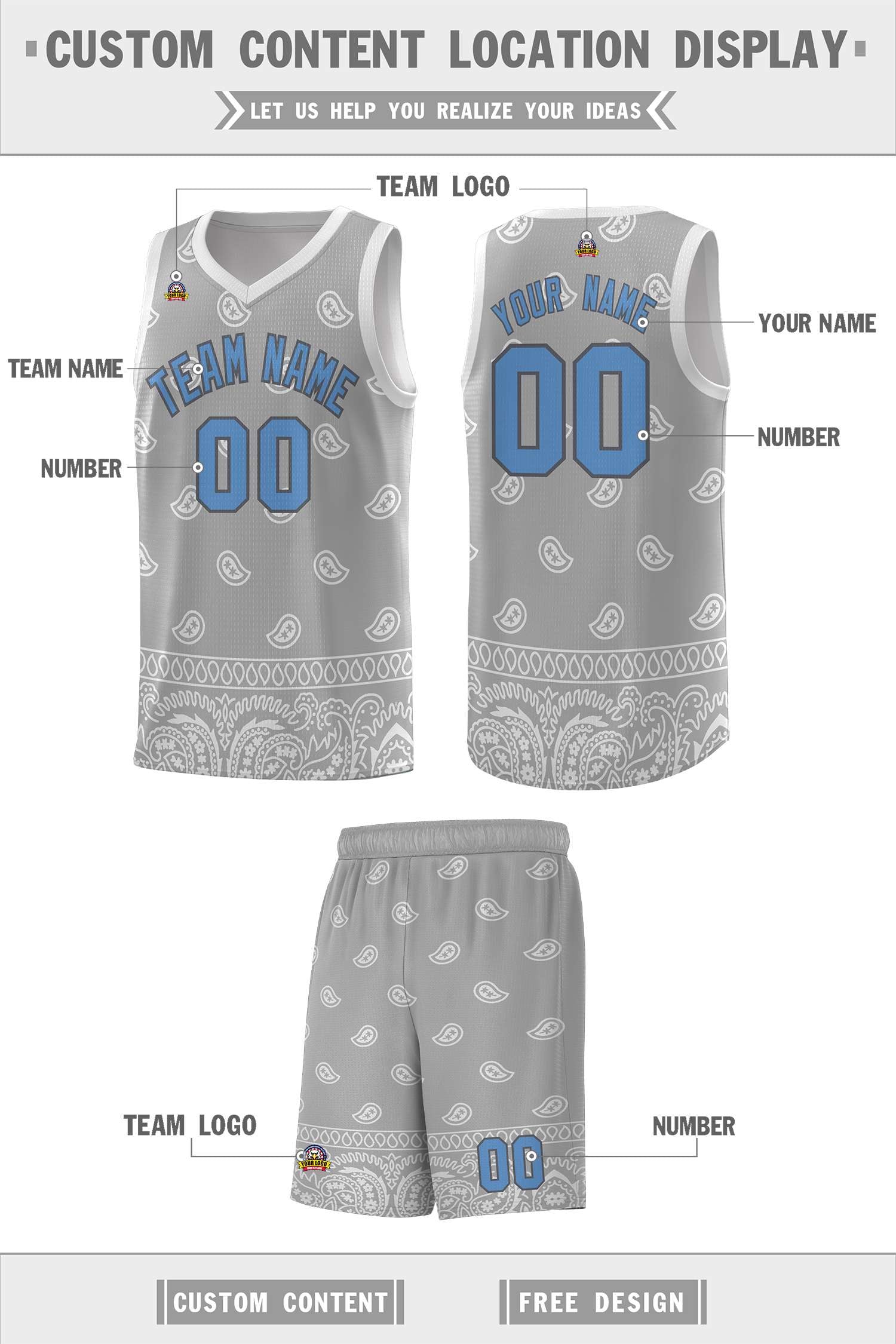 Custom Gray Light Gray Personalized Cashew Pattern Sports Uniform Basketball Jersey