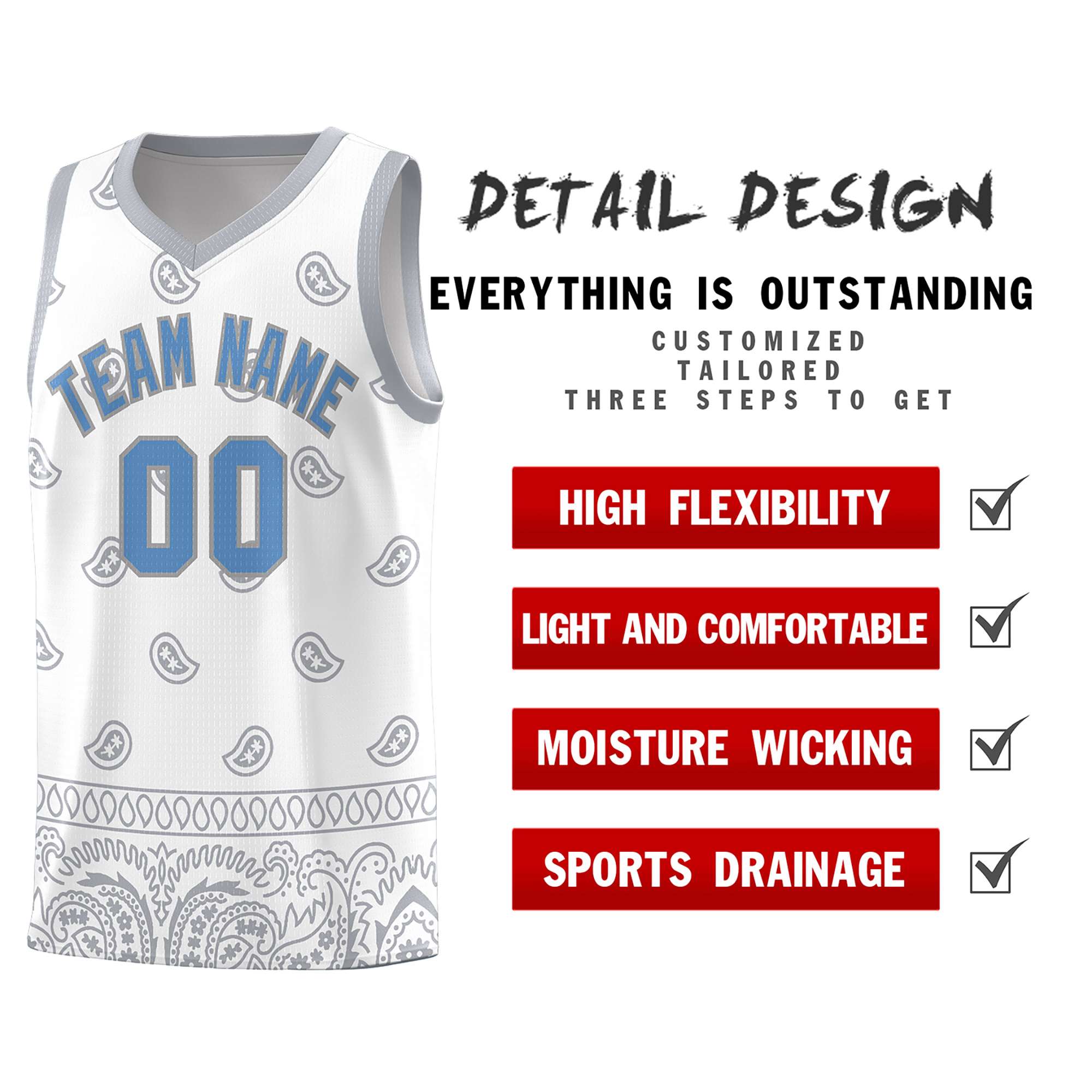 Custom White Gray Personalized Cashew Pattern Sports Uniform Basketball Jersey