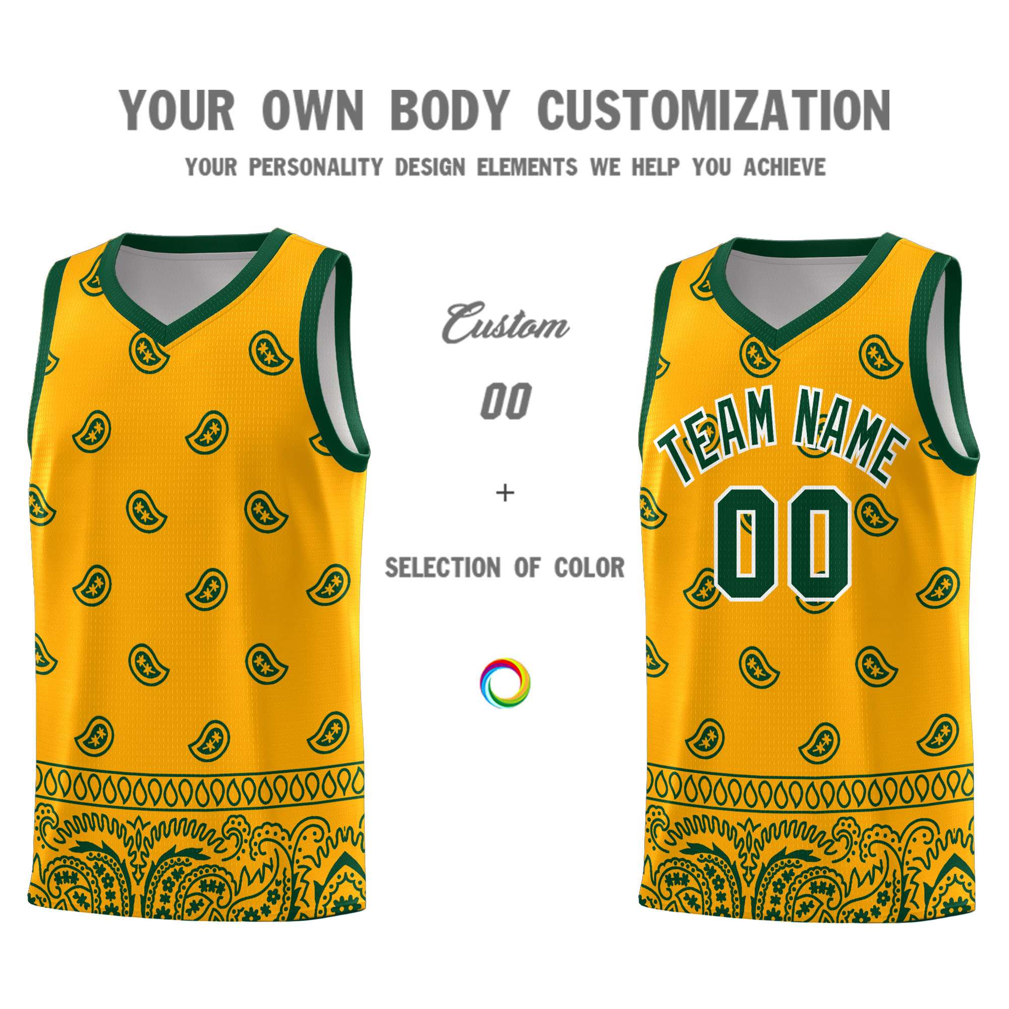 Custom Yellow Green Personalized Cashew Pattern Sports Uniform Basketball Jersey