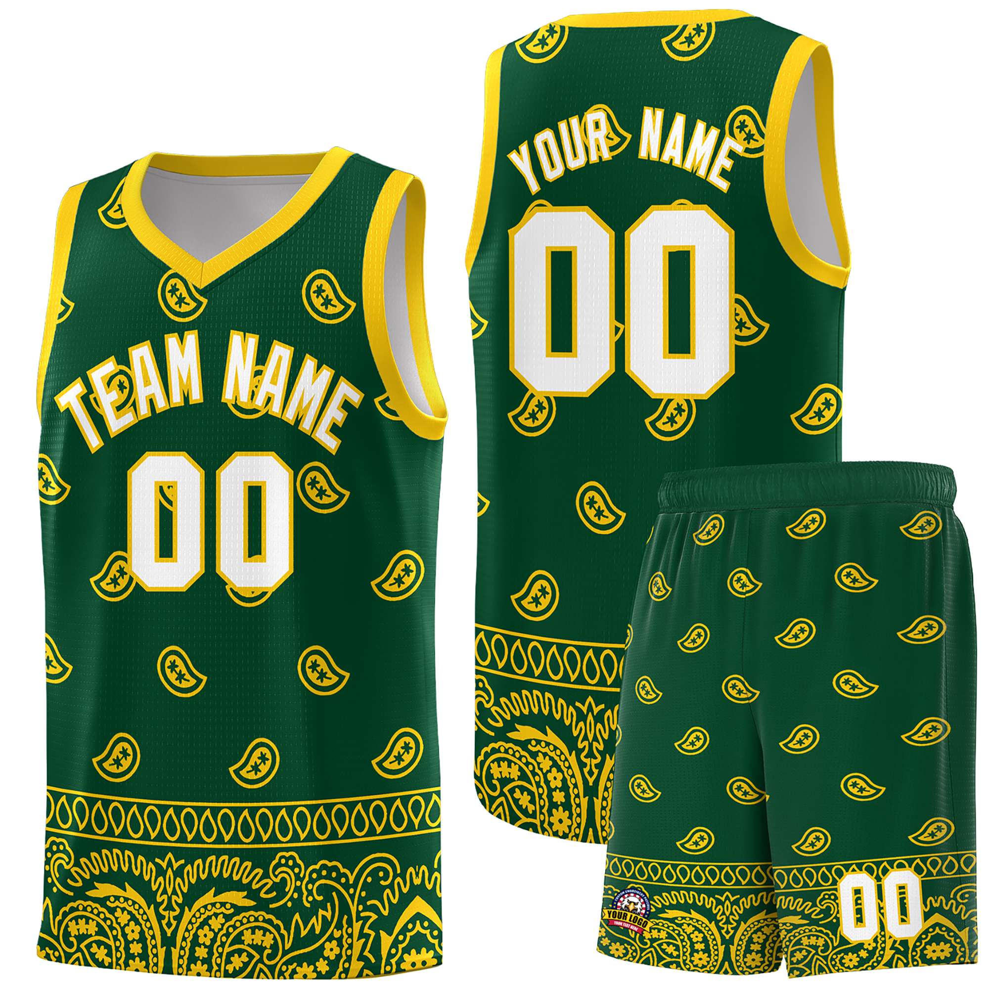 Custom Gold Green Personalized Cashew Pattern Sports Uniform Basketball Jersey