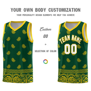 Custom Gold Green Personalized Cashew Pattern Sports Uniform Basketball Jersey