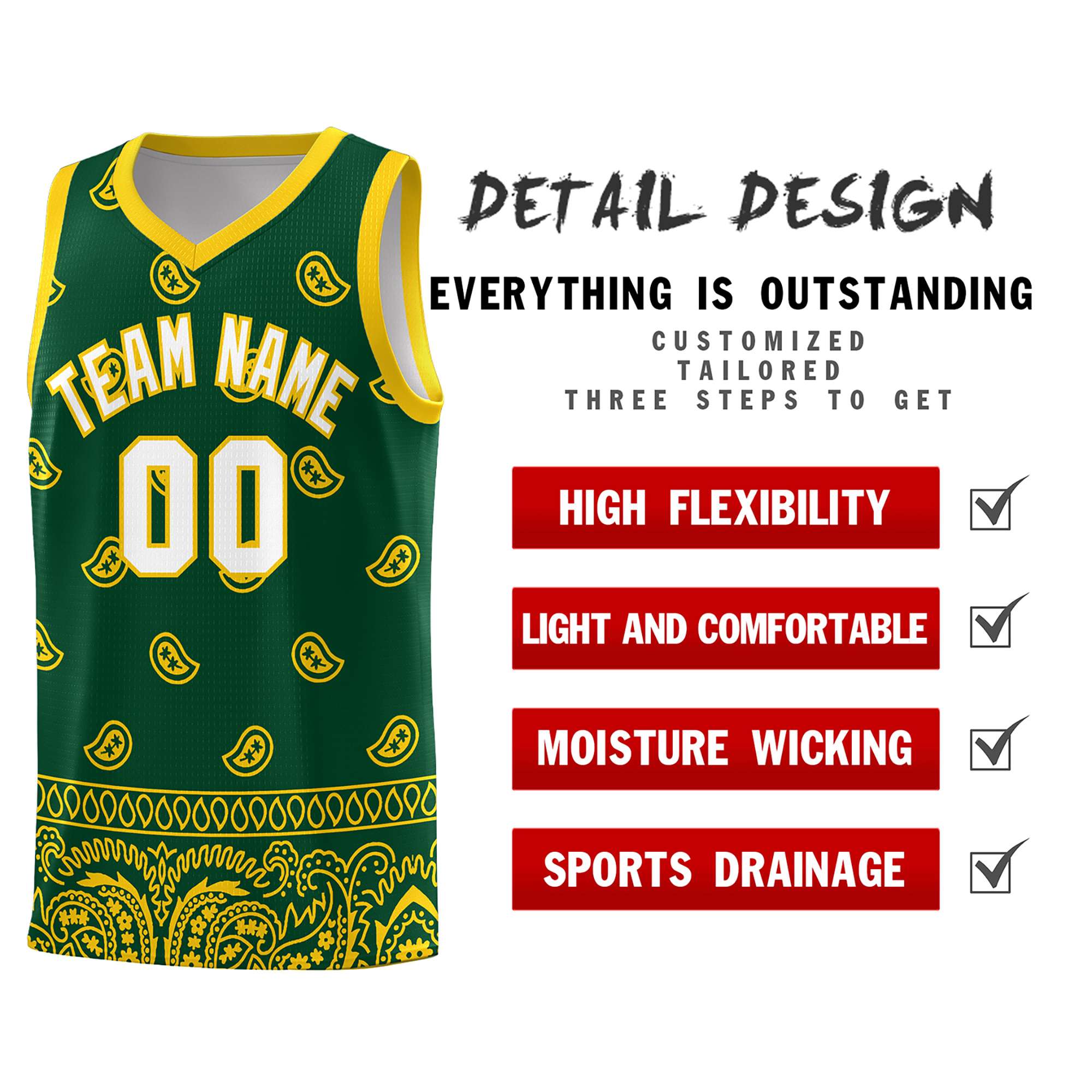 Custom Gold Green Personalized Cashew Pattern Sports Uniform Basketball Jersey