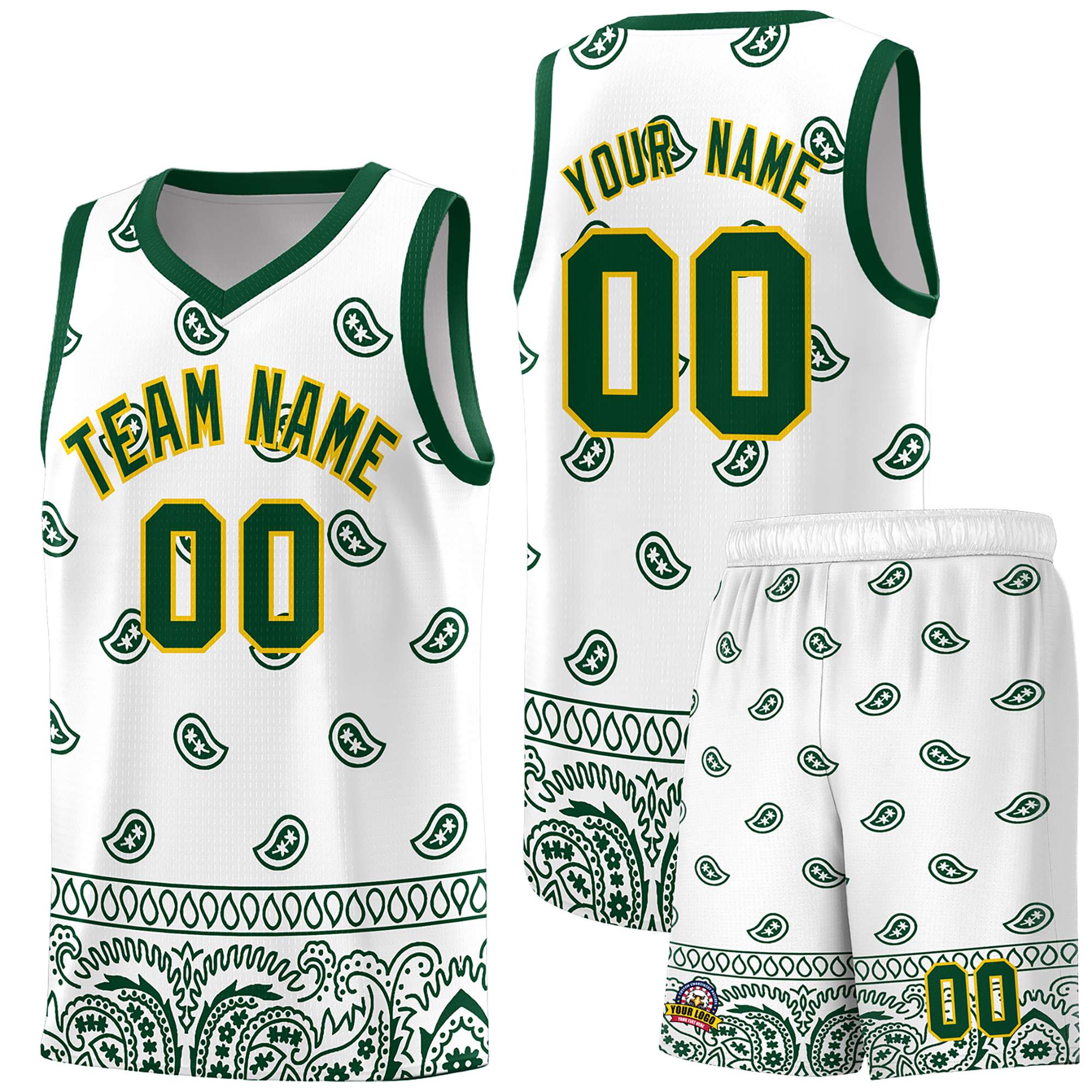 Custom Green White Personalized Cashew Pattern Sports Uniform Basketball Jersey