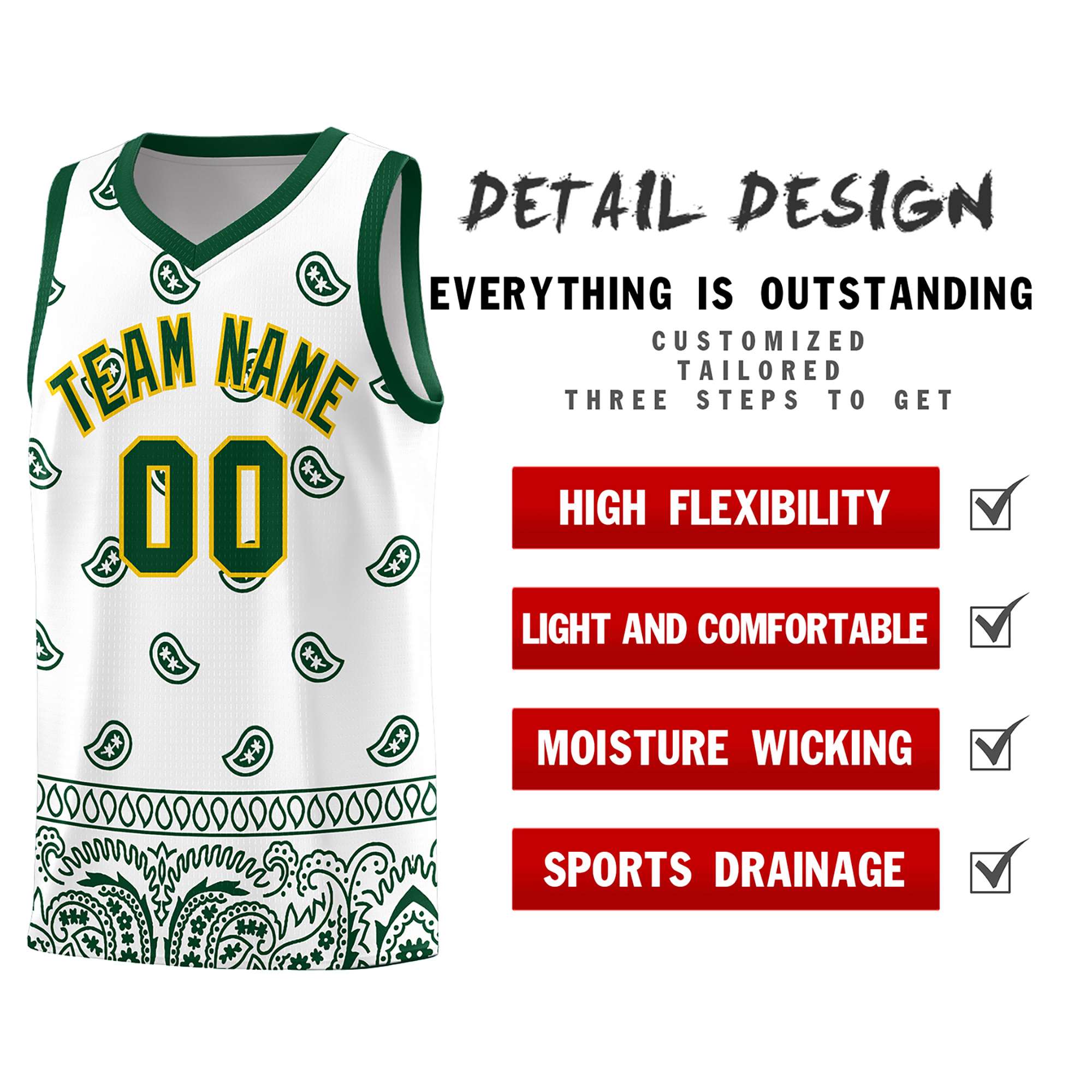 Custom Green White Personalized Cashew Pattern Sports Uniform Basketball Jersey