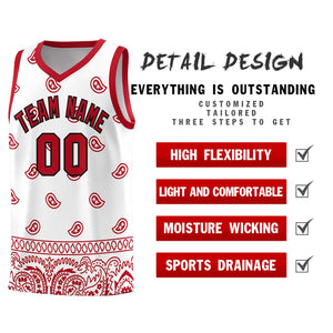 Custom White Red Personalized Cashew Pattern Sports Uniform Basketball Jersey