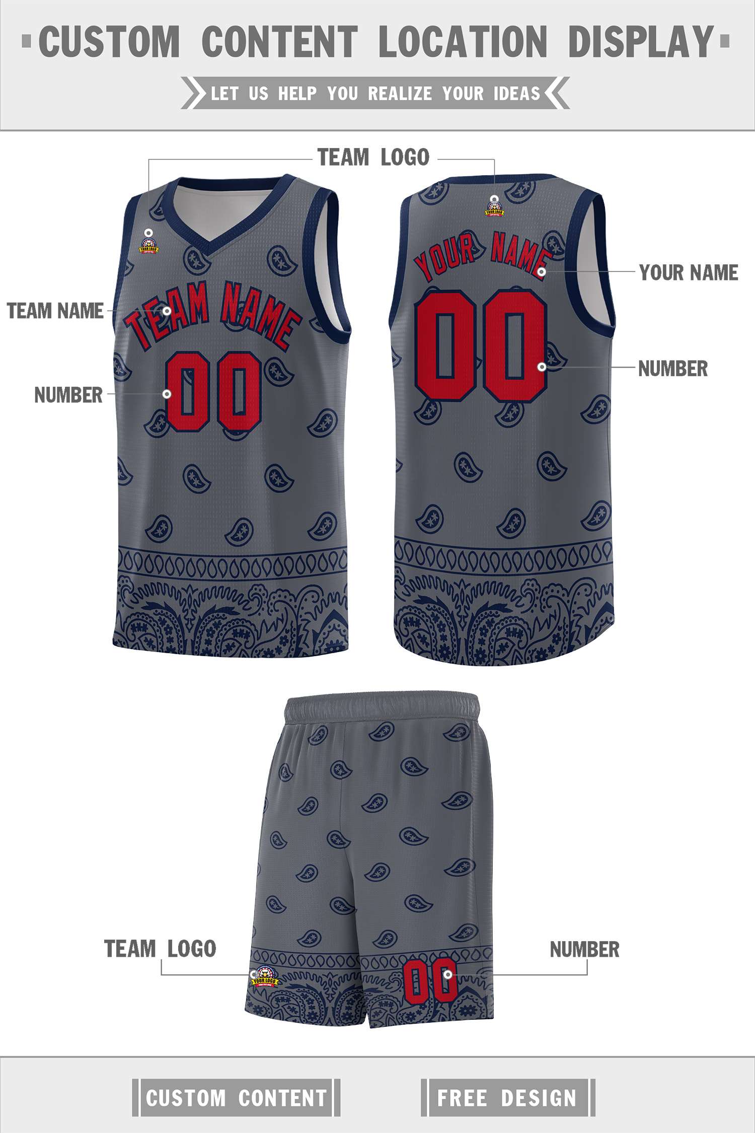 Custom Dark Gray Navy Personalized Cashew Pattern Sports Uniform Basketball Jersey