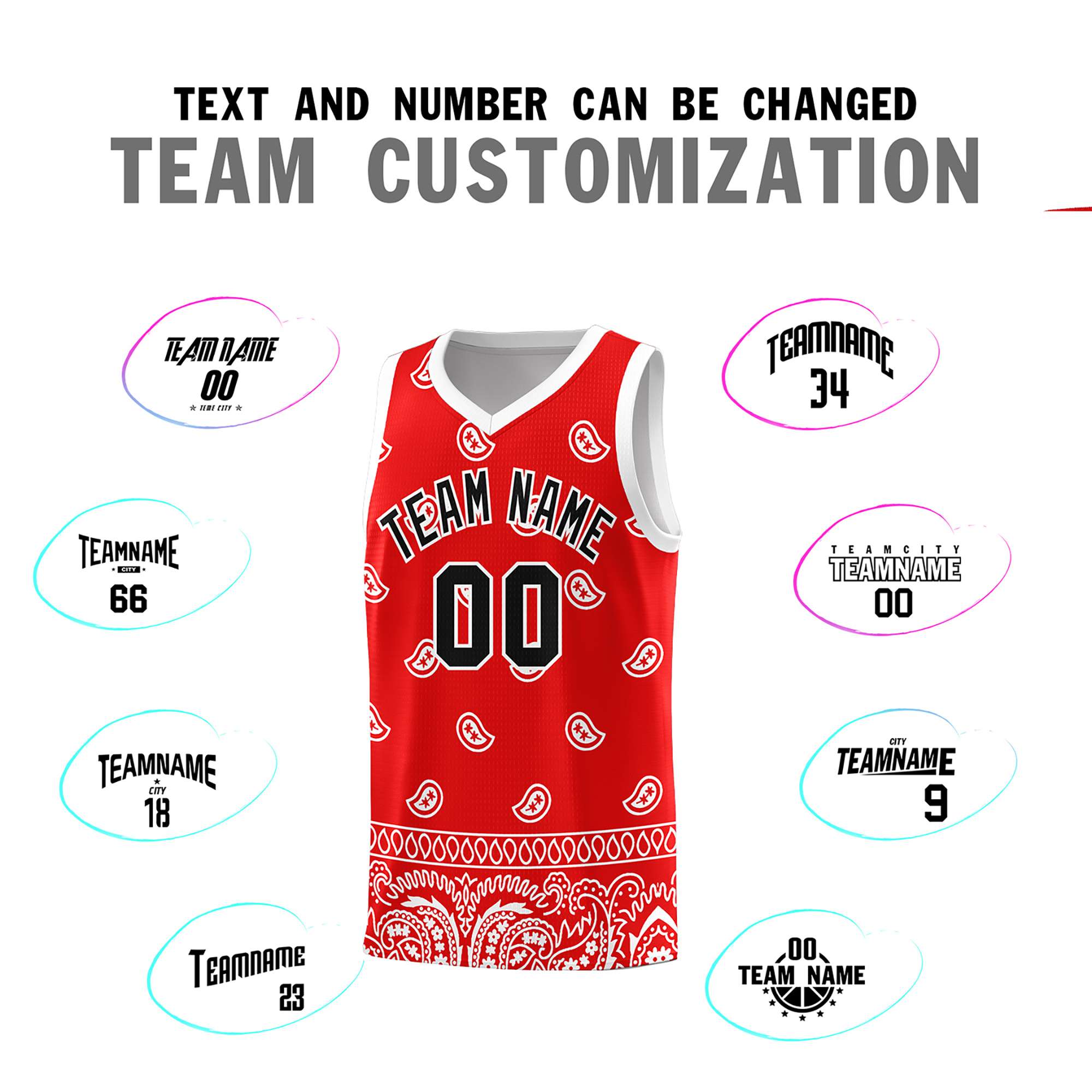 Custom Red White Personalized Cashew Pattern Sports Uniform Basketball Jersey