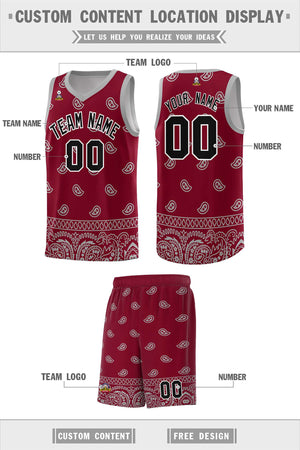 Custom Crimson Gray Personalized Cashew Pattern Sports Uniform Basketball Jersey