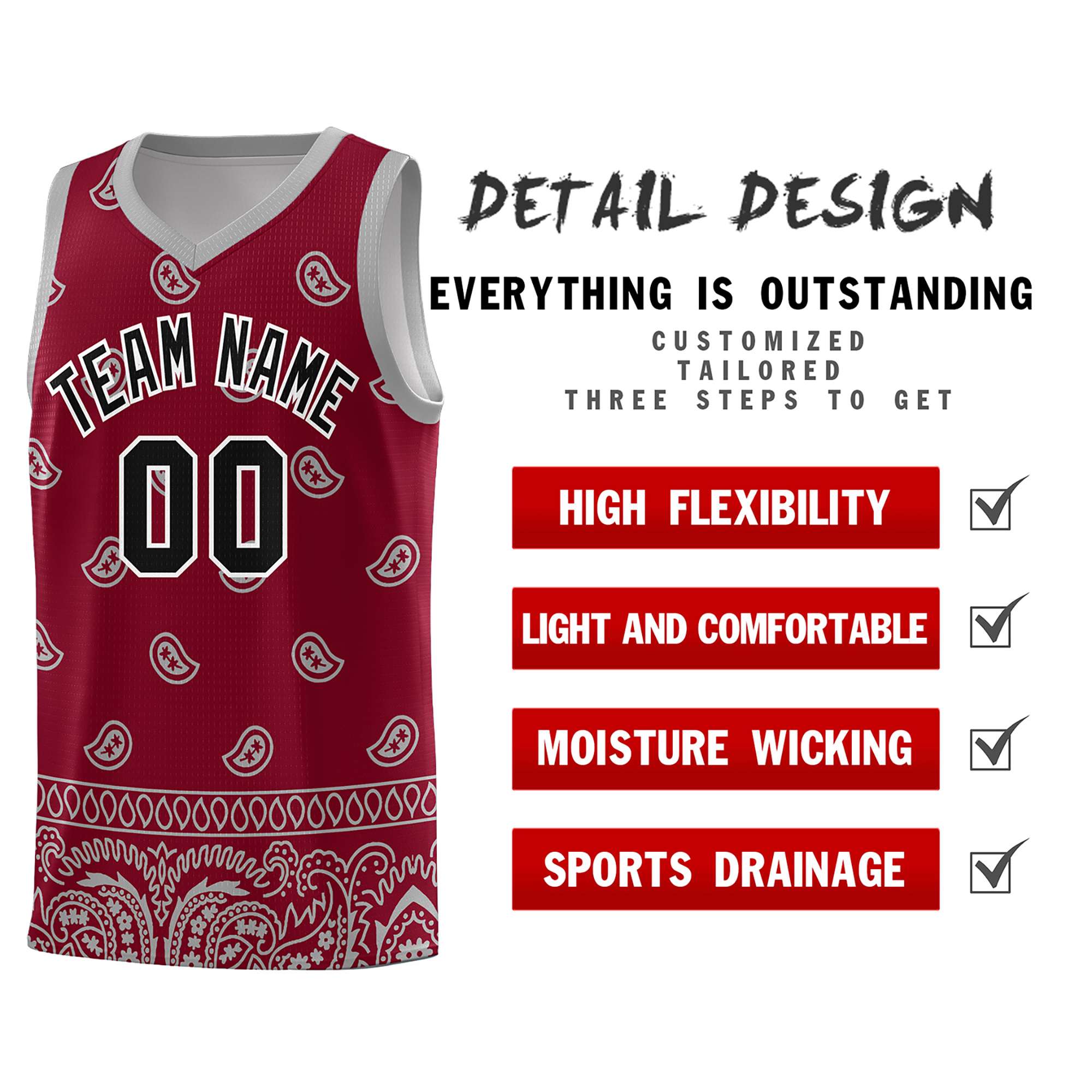 Custom Crimson Gray Personalized Cashew Pattern Sports Uniform Basketball Jersey