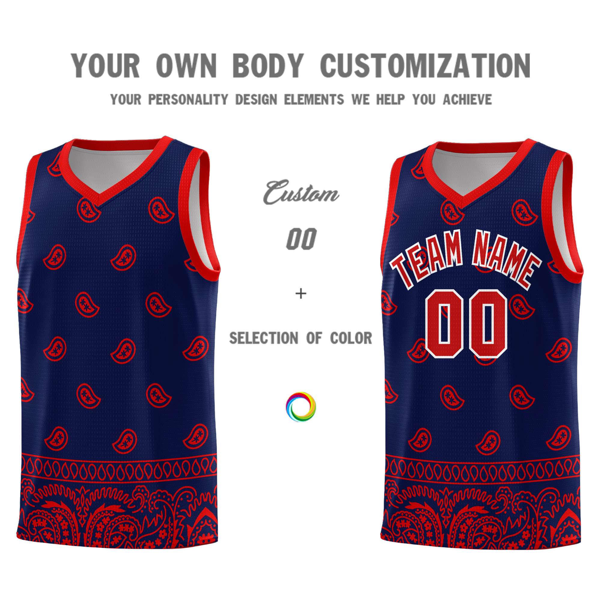 Custom Navy Red Personalized Cashew Pattern Sports Uniform Basketball Jersey