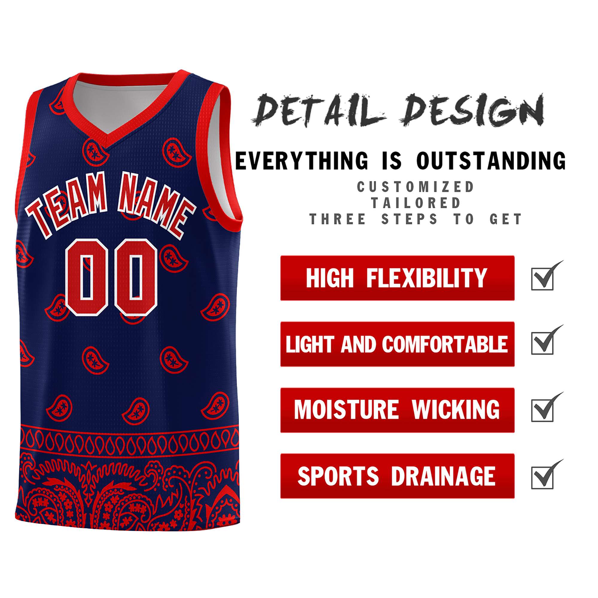 Custom Navy Red Personalized Cashew Pattern Sports Uniform Basketball Jersey